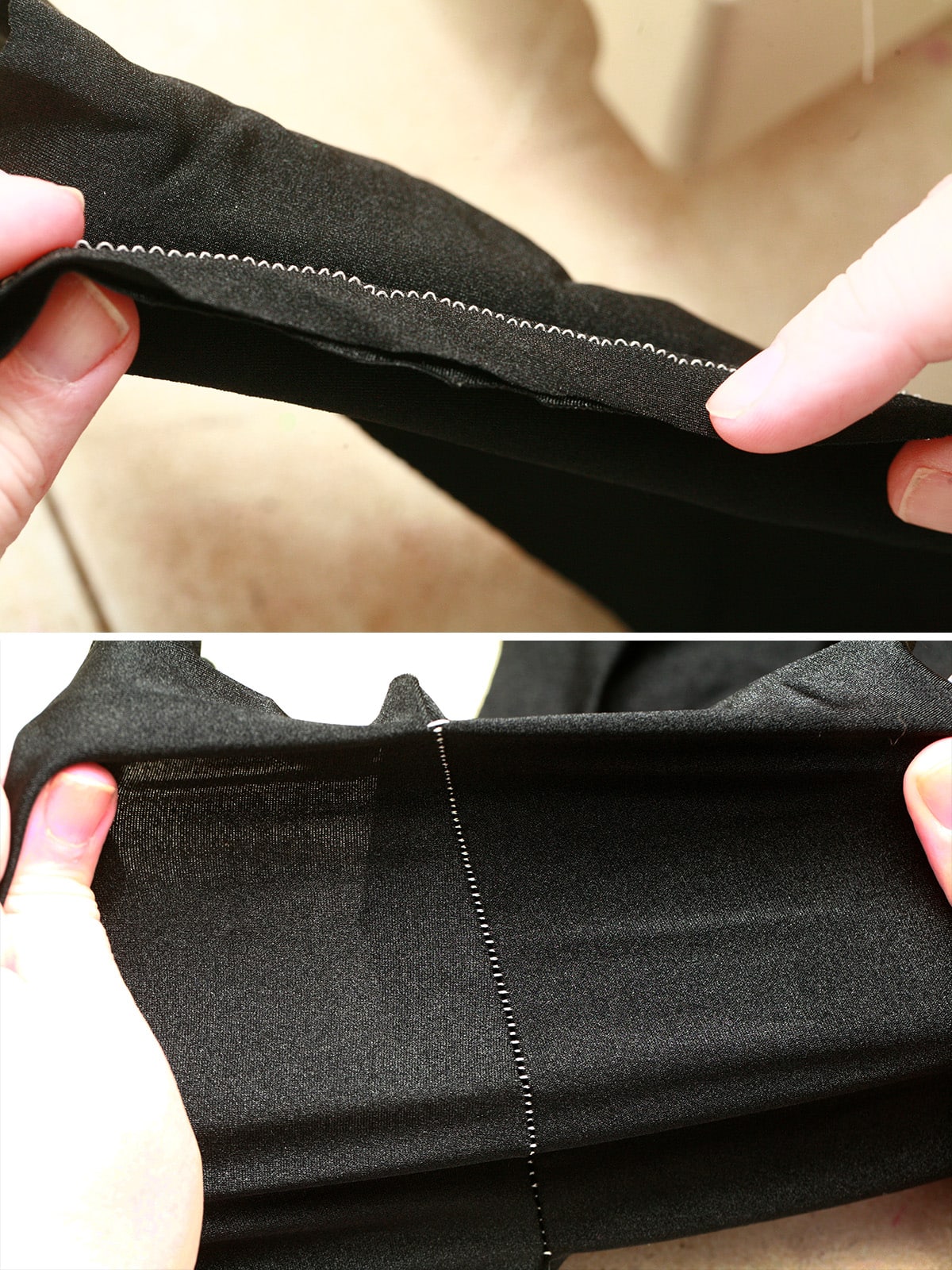 A two part compilation image showing a too-loose seam sewn into spandex.