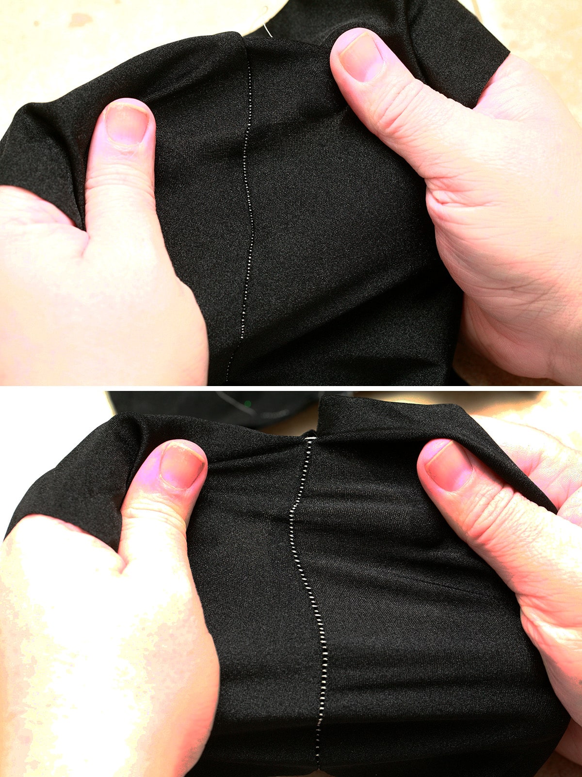 A two part compilation image showing the right side of a seam sewn into black spandex.