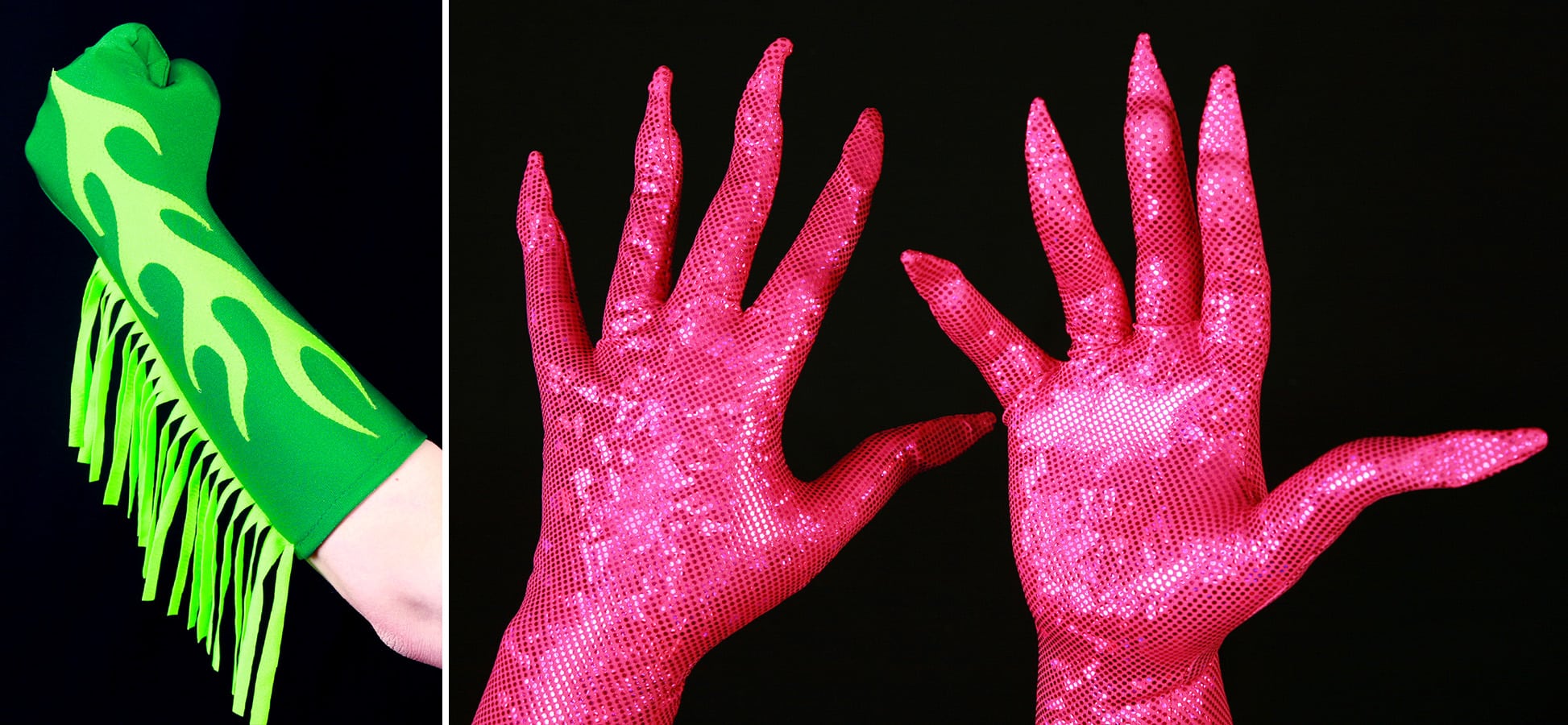 2 photos of gloves - one is a bright green glove with neon yellow flames on top - and neon yellow fringe up the side.  The second is a pair of fuchsia hologram gloves with built in nails.