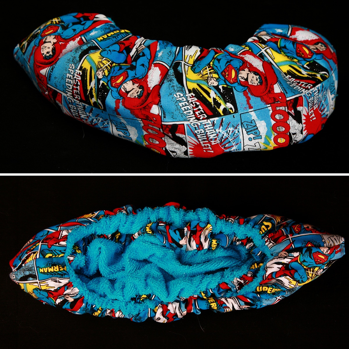 A 2 photo image showing two different views of a pair of soakers. The inside is bright turquoise terrycloth, the outside is a blue and red Superman printed cotton.