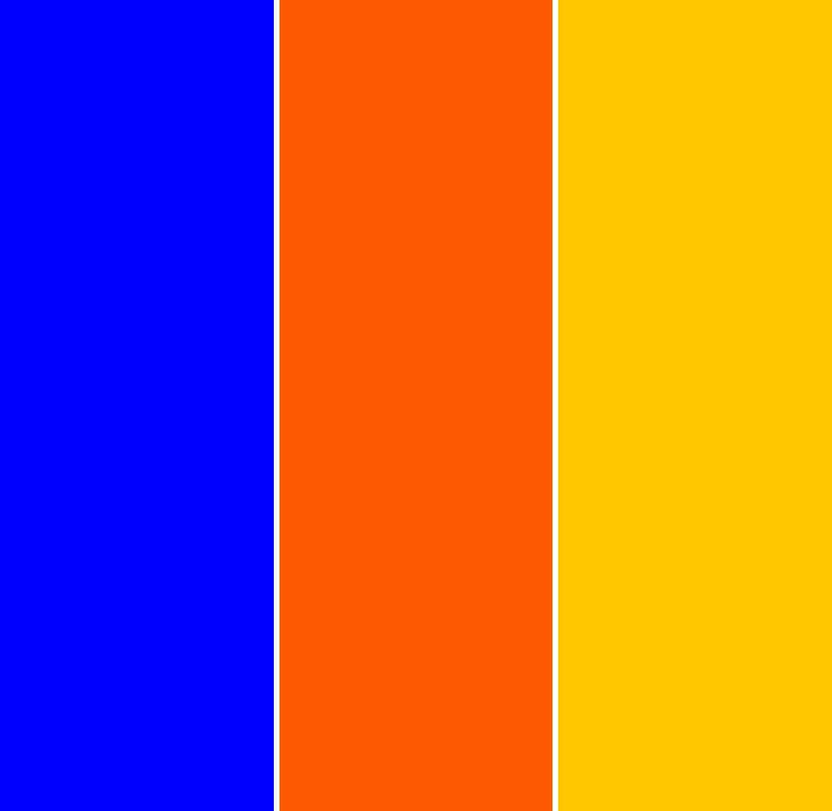 3 vertical bars of colour: Blue, red-orange, and yellow-orange