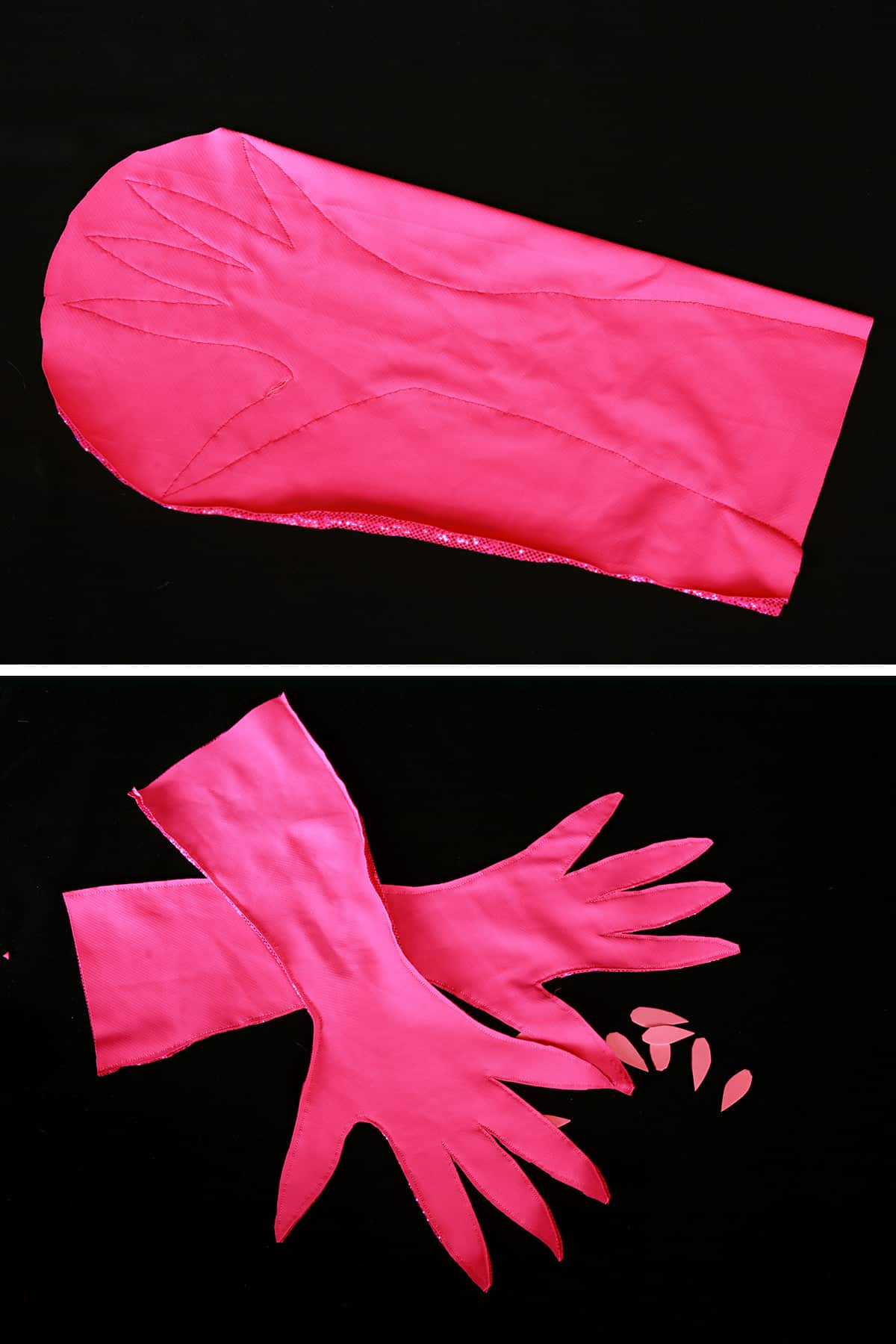 A two part compilation image showing the glove sewn into a piece of fabric, and two gloves after trimming.