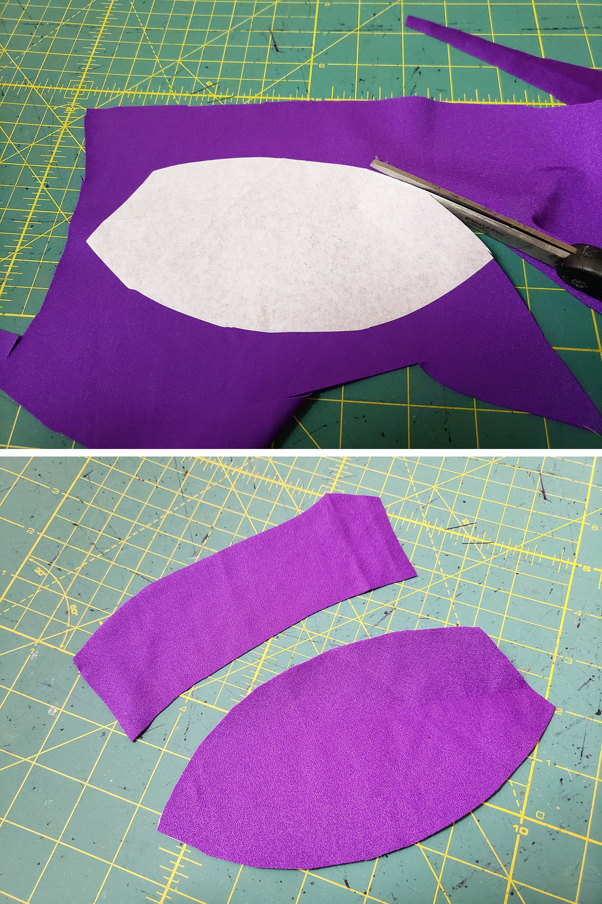 A two part compilation image showing pattern pieces being cut out from purple spandex.