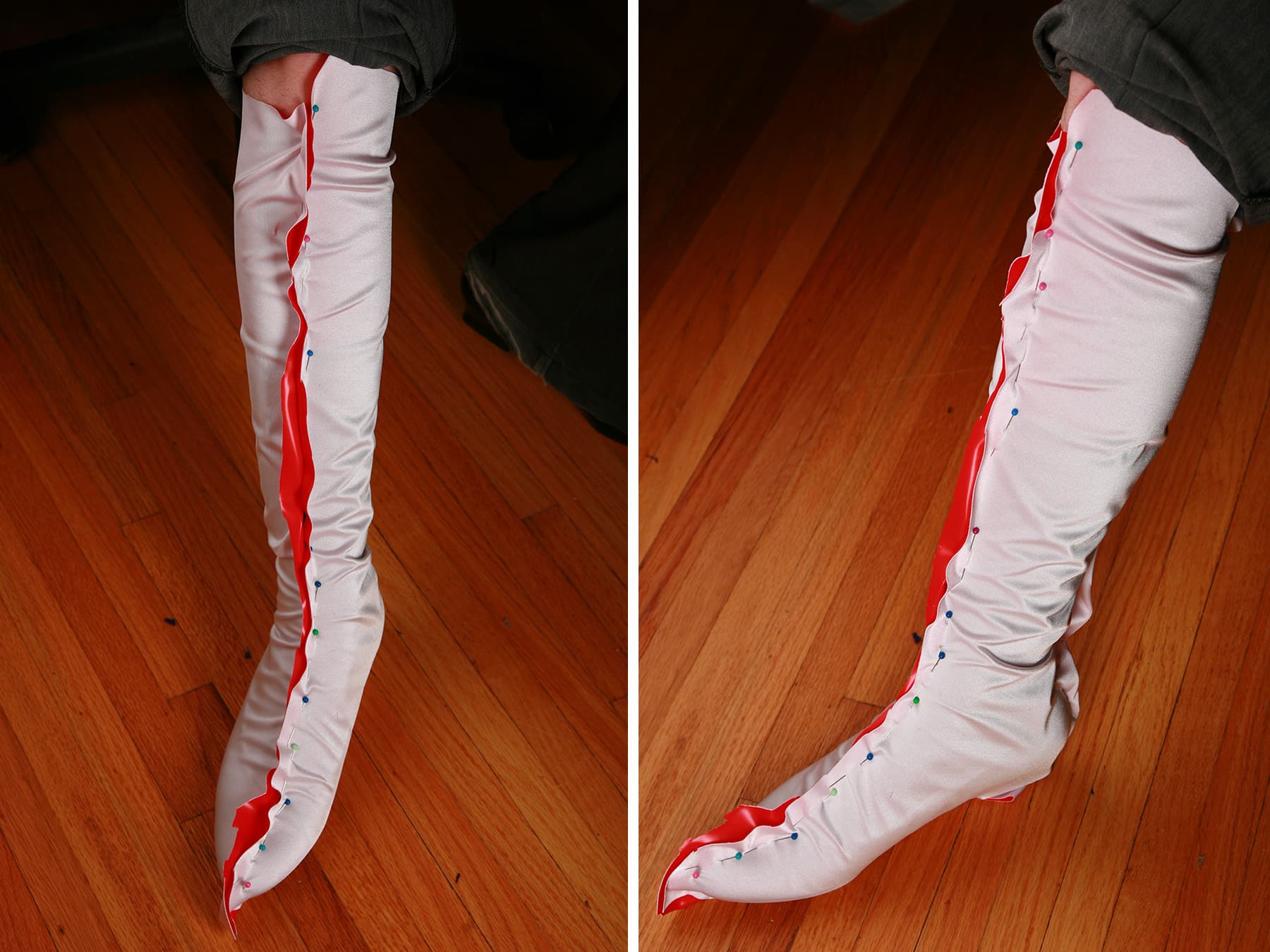 A two photo compilation image showing white fabric being pinned in place on a person's lower leg, from two views.