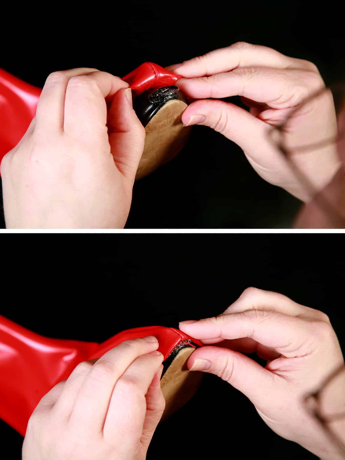 A two part compilation image showing a shiny red boot cover being stretched over a black shoe and being glued into place.