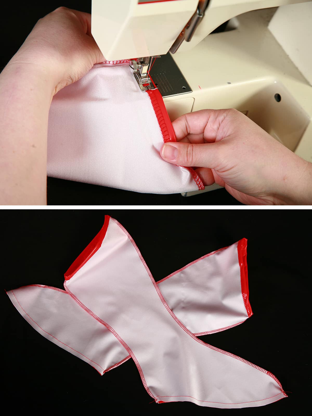 A two part compilation image showing elastic being sewn into a red and white spandex boot cover.