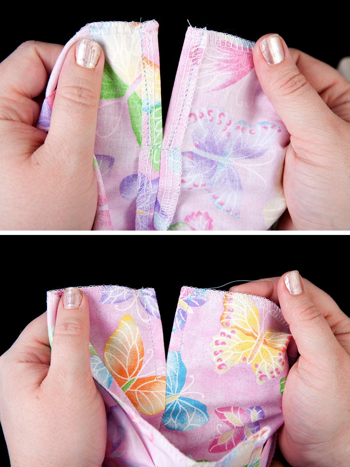 A two part compilation image, showing the inside and outside views of a seam sewn into light purple butterfly print fabric.