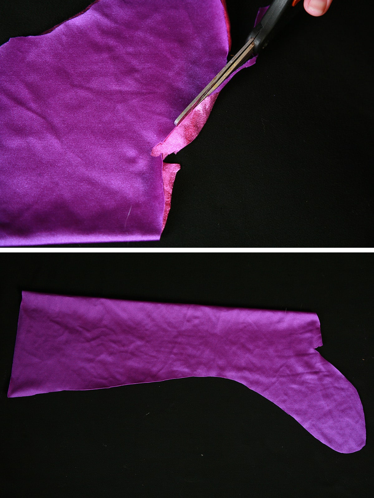 A two photo compilation image showing purple fabric in the shape of a boot cover being trimmed.