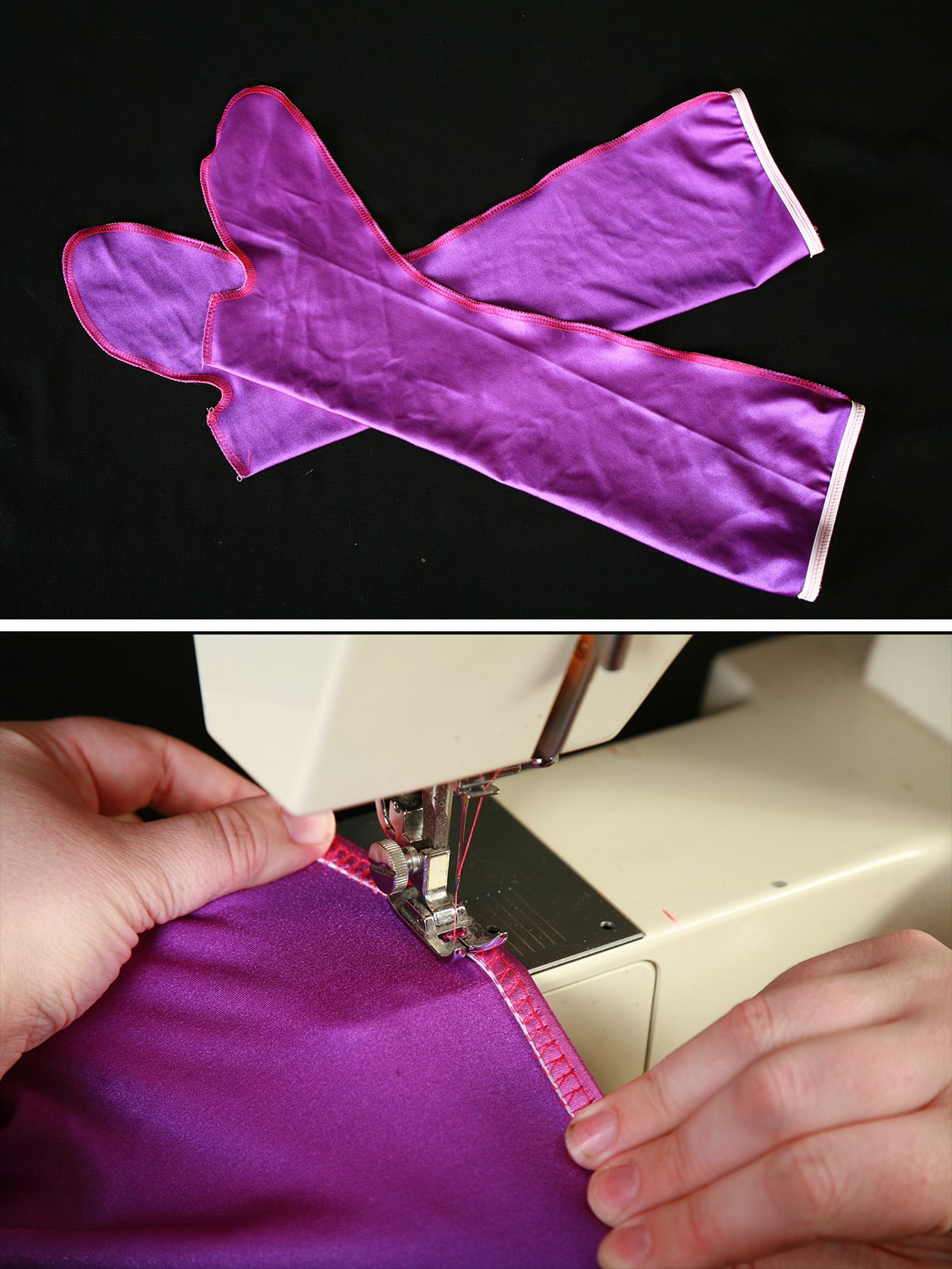 A 2 photo compilation image showing elastic being sewn into the top of a spandex boot cover.
