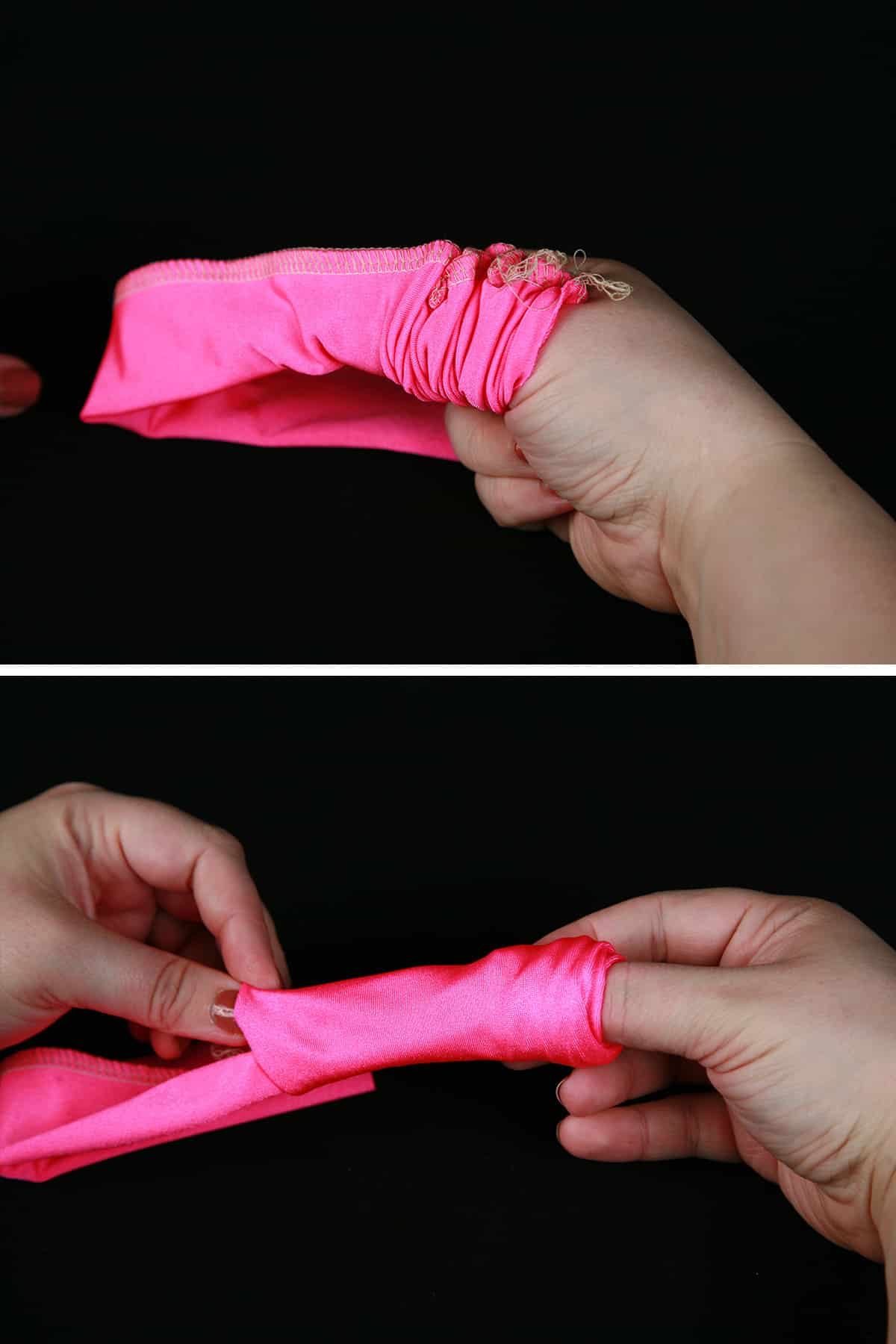 A 2 part compilation image, showing a pair of hands turning a tube of hot pink spandex inside out.