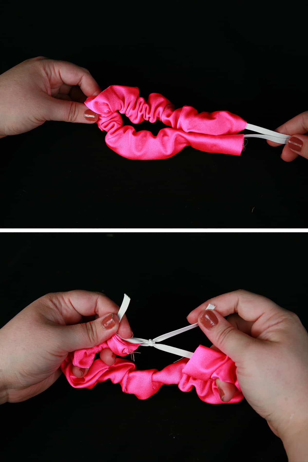 A two part compilation image showing elastic being threaded into a scrunchie and tied off.