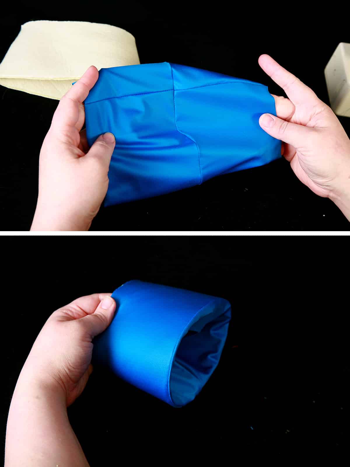 A two part compilation image showing two pieces of blue spandex being sewn to form a glove cuff.