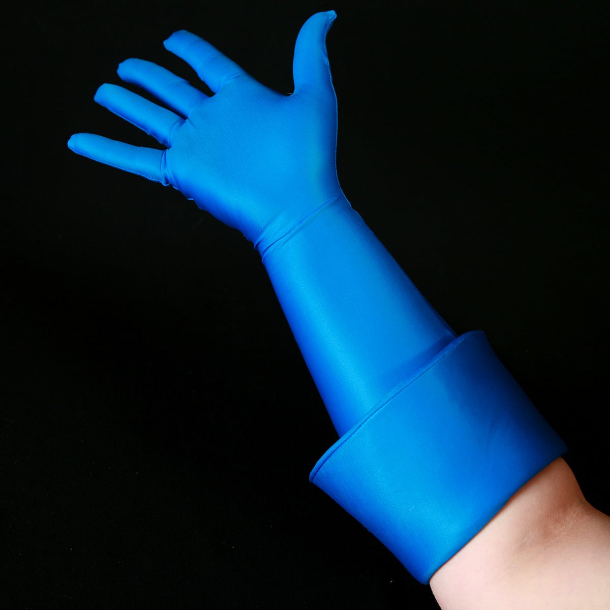 An elbow length blue glove with a wide blue cuff.