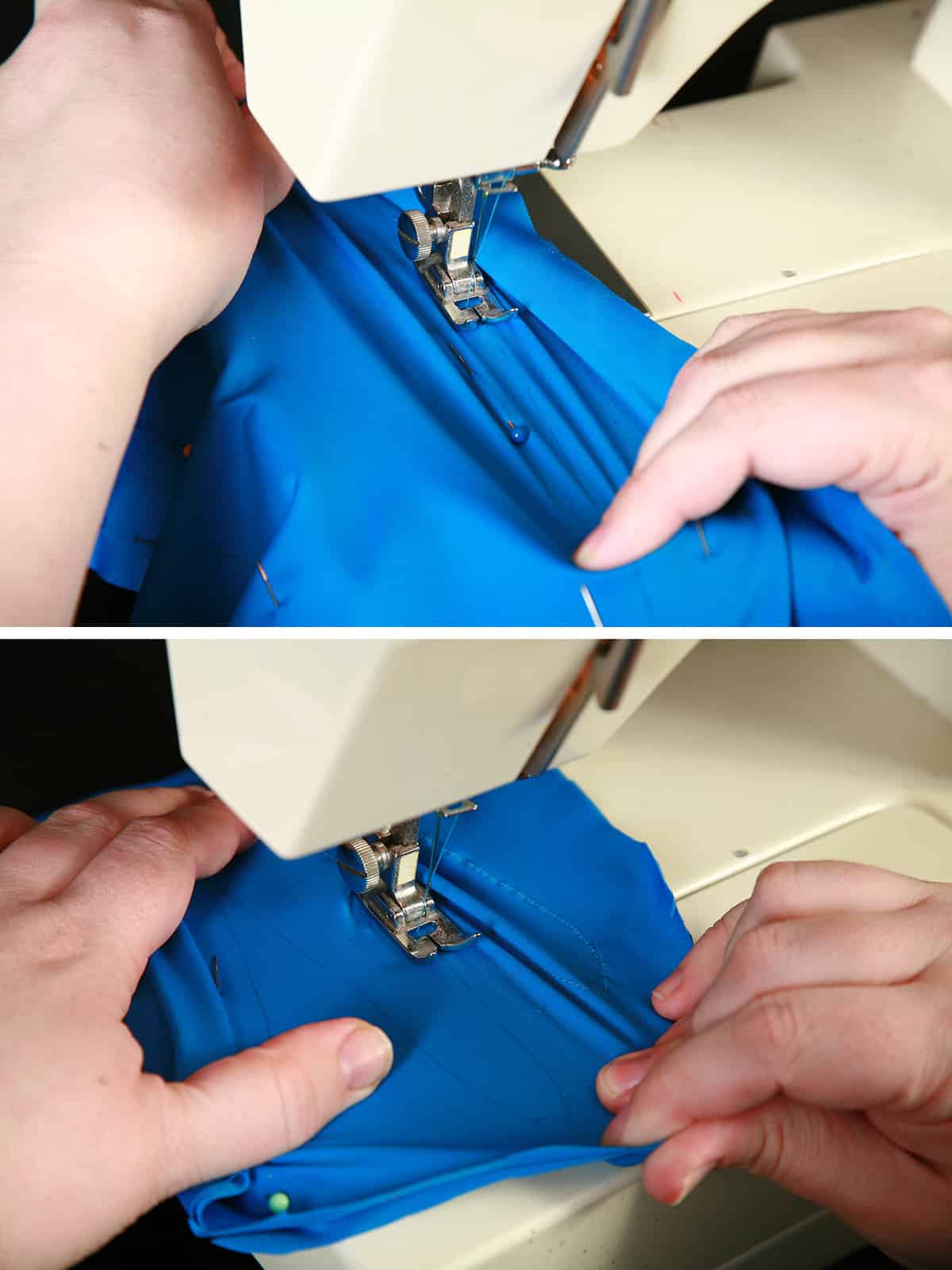 A two part compilation image showing blue spandex fabric being sewn in a sewing machine.