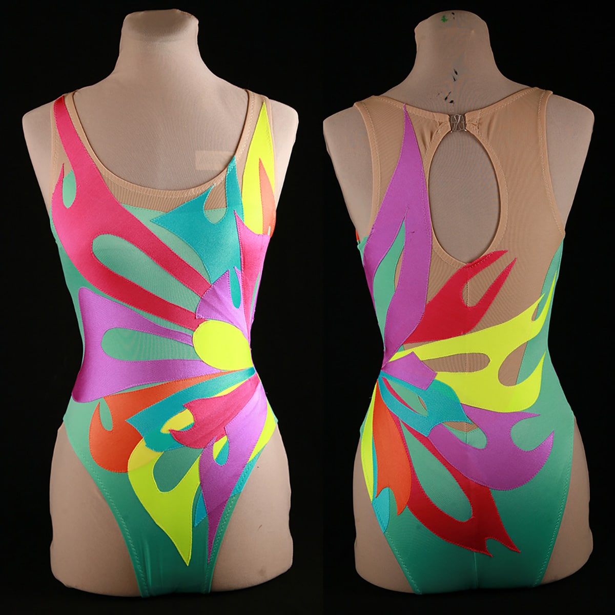 The frotn and black views of a colourful synchro swimsuit.