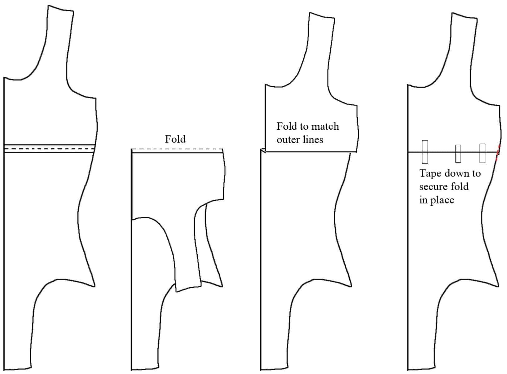 A hand dran diagram showing how to remove length from a pattern.