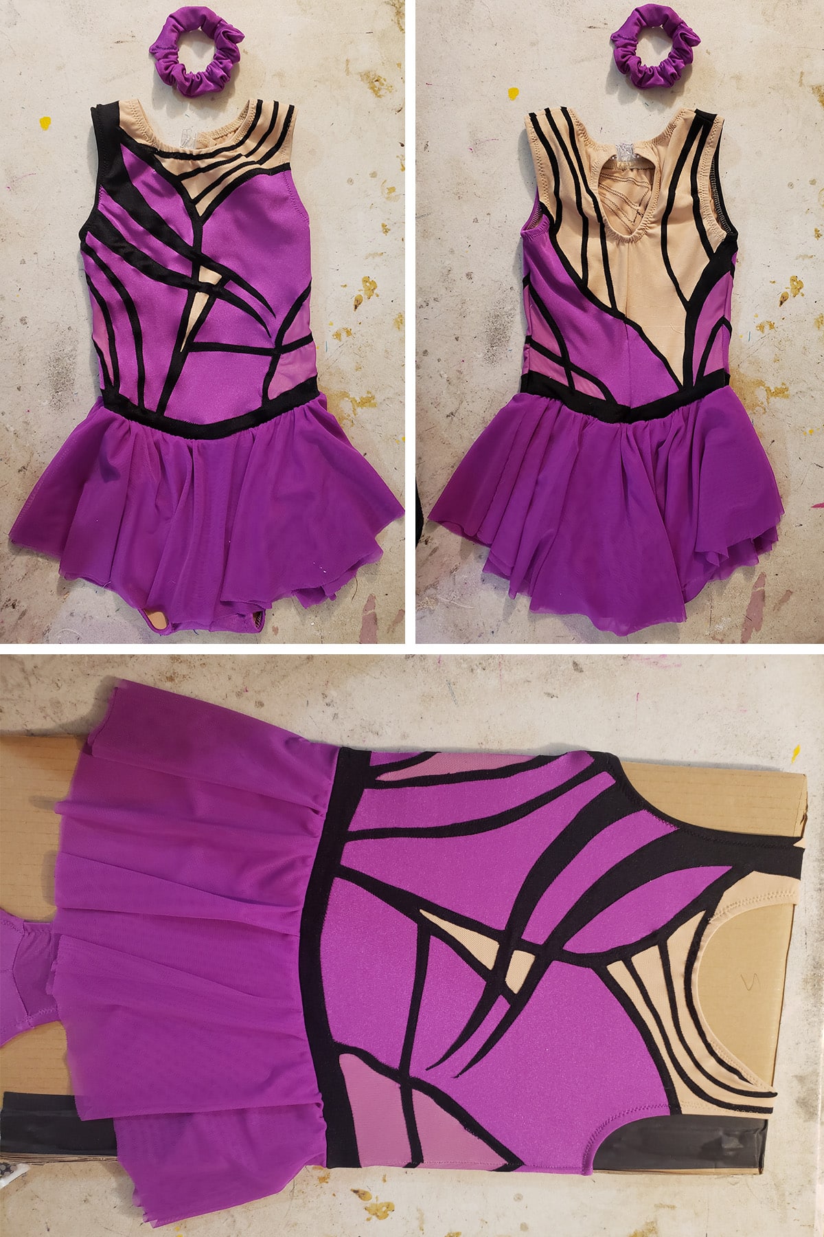 A small, purple version of the skating dress in this post is shown stretched over a piece of cardboard.