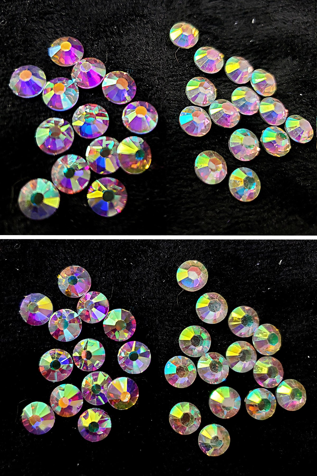 A two part compilation image shows different views of AB finish rhinestones.