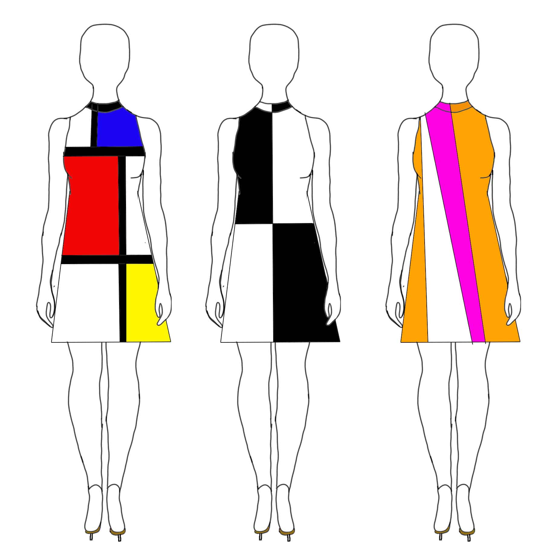 3 sketches of brightly coloured 60s dresses.