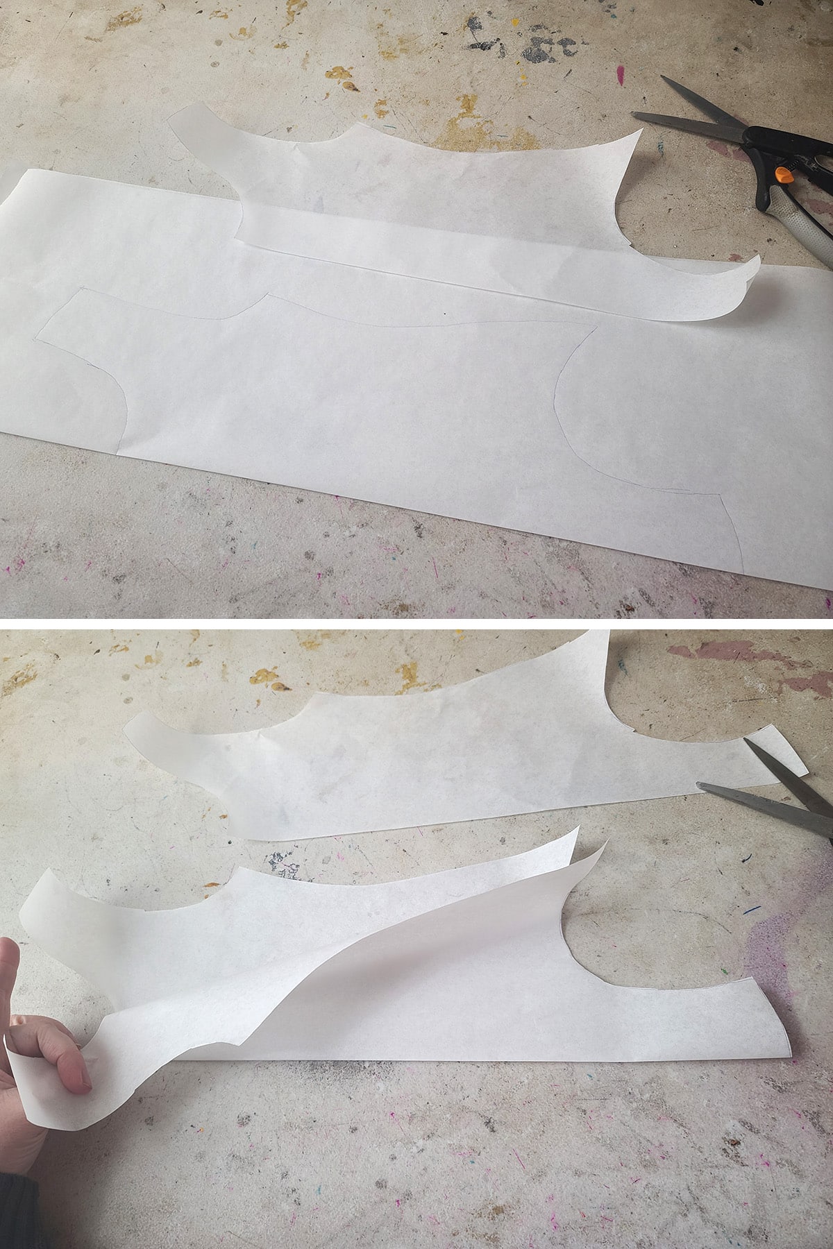 A two part compilation image showing a half-front pattern being used to cut a full pattern, when the center front is placed on a folded sheet of paper.