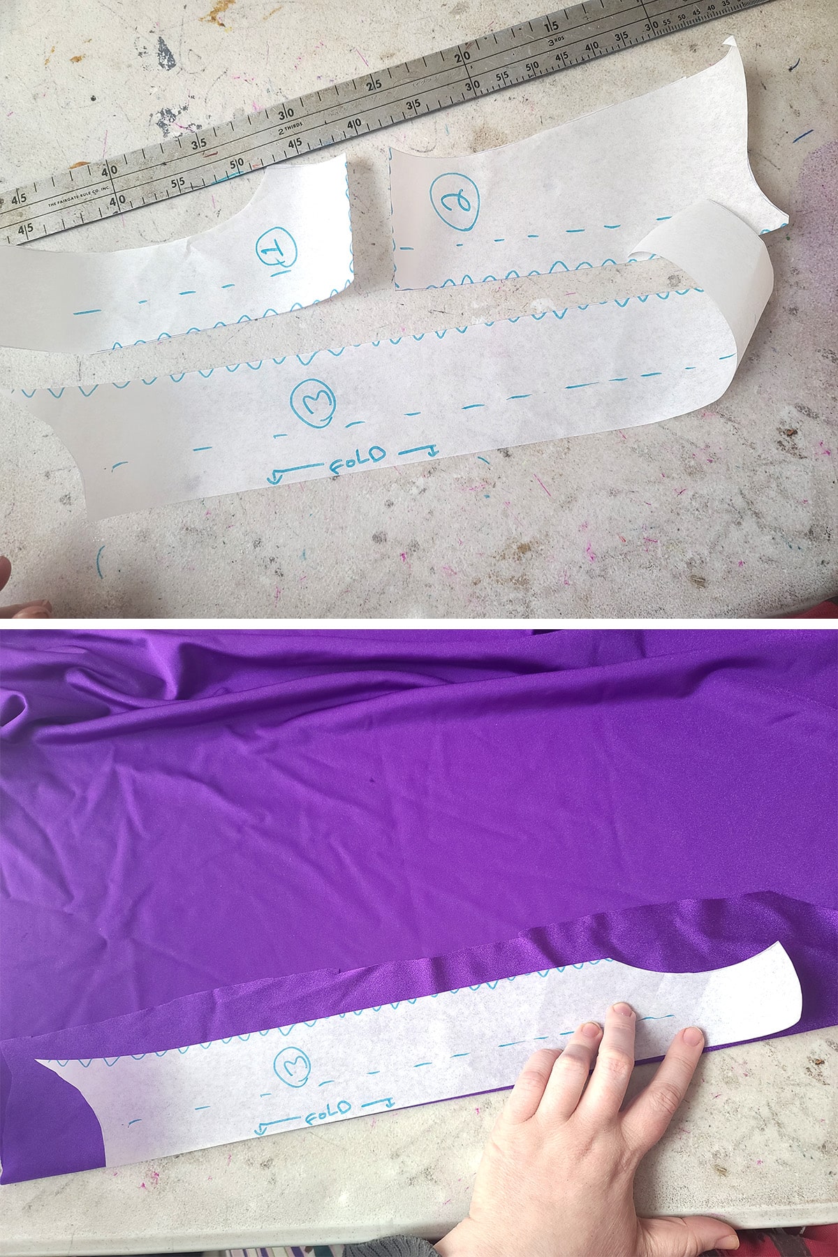 A two part compilation image showing the pattern being cut into 3 piece. The second image shows the center pattern piece being place on the fold of some purple spandex.