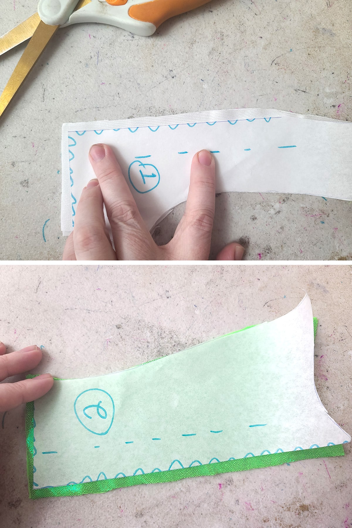 A two part compilation image showing pattern pieces being cut out of green and white spandex. The edges that were marked with a wavy line have had a seam allowance added to them, as they were cut.