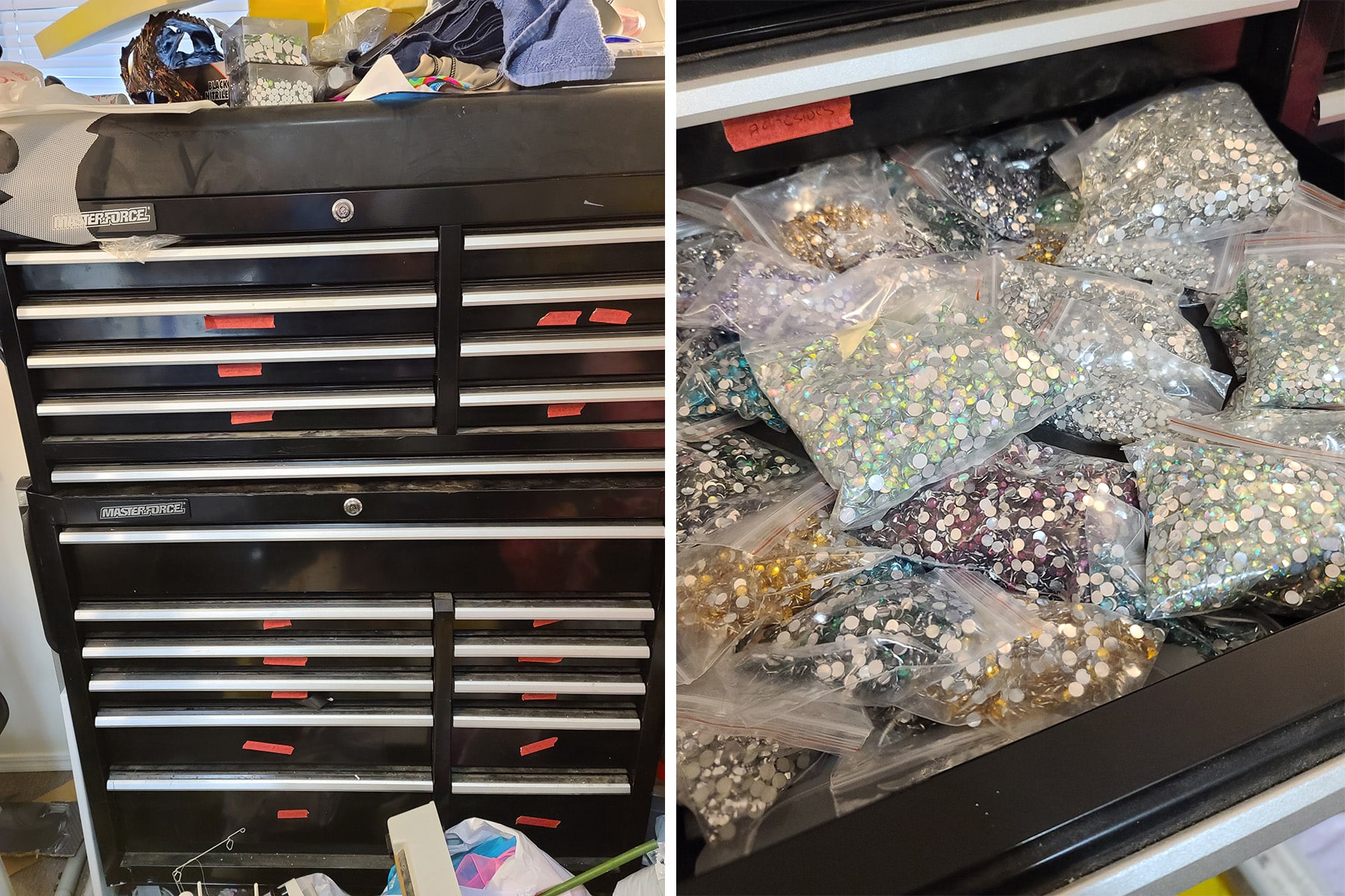 A two part compilation image showing the outside of a large tool chest, and the inside of one of the drawers, filled with bags of rhinestones.