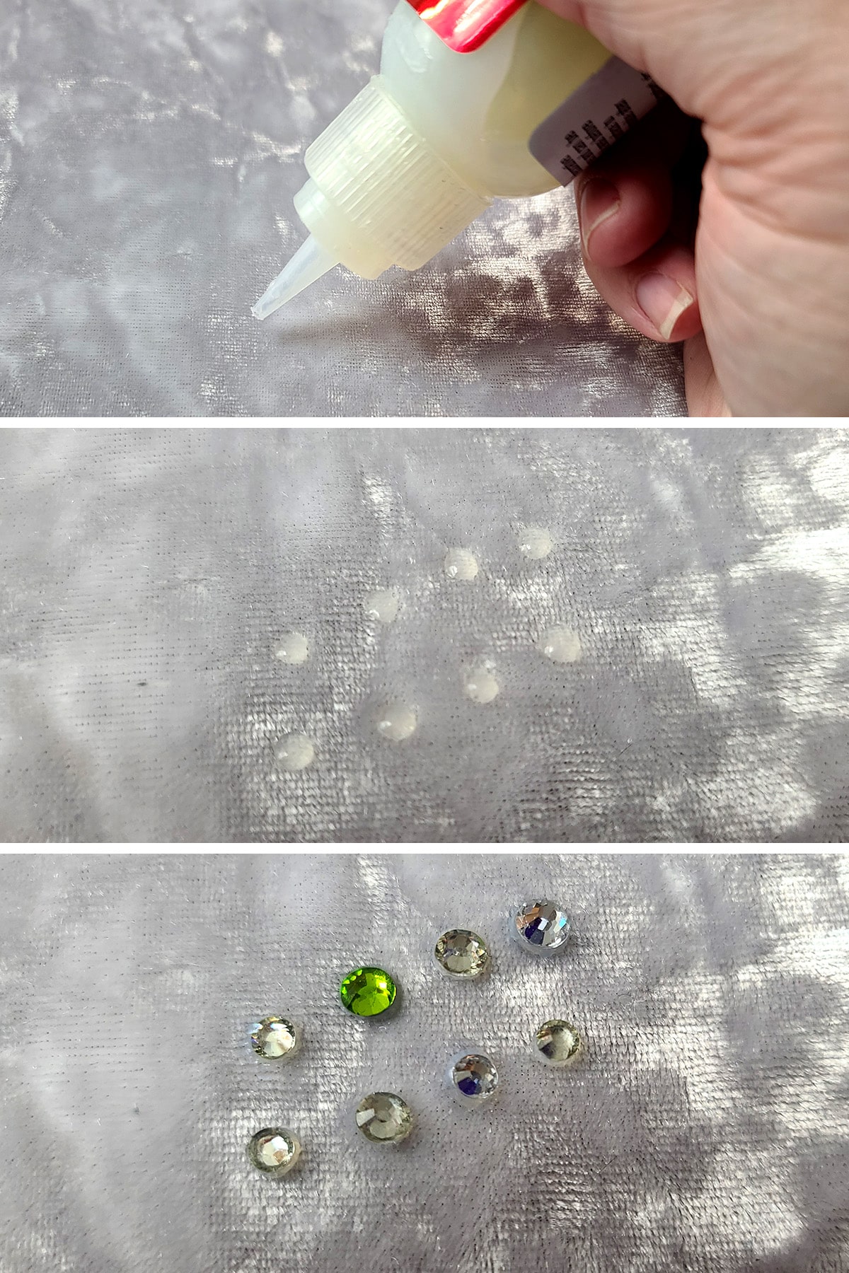 A 3 part compilation image showing glue being piped onto white crushed velvet, and then crystals being applied.