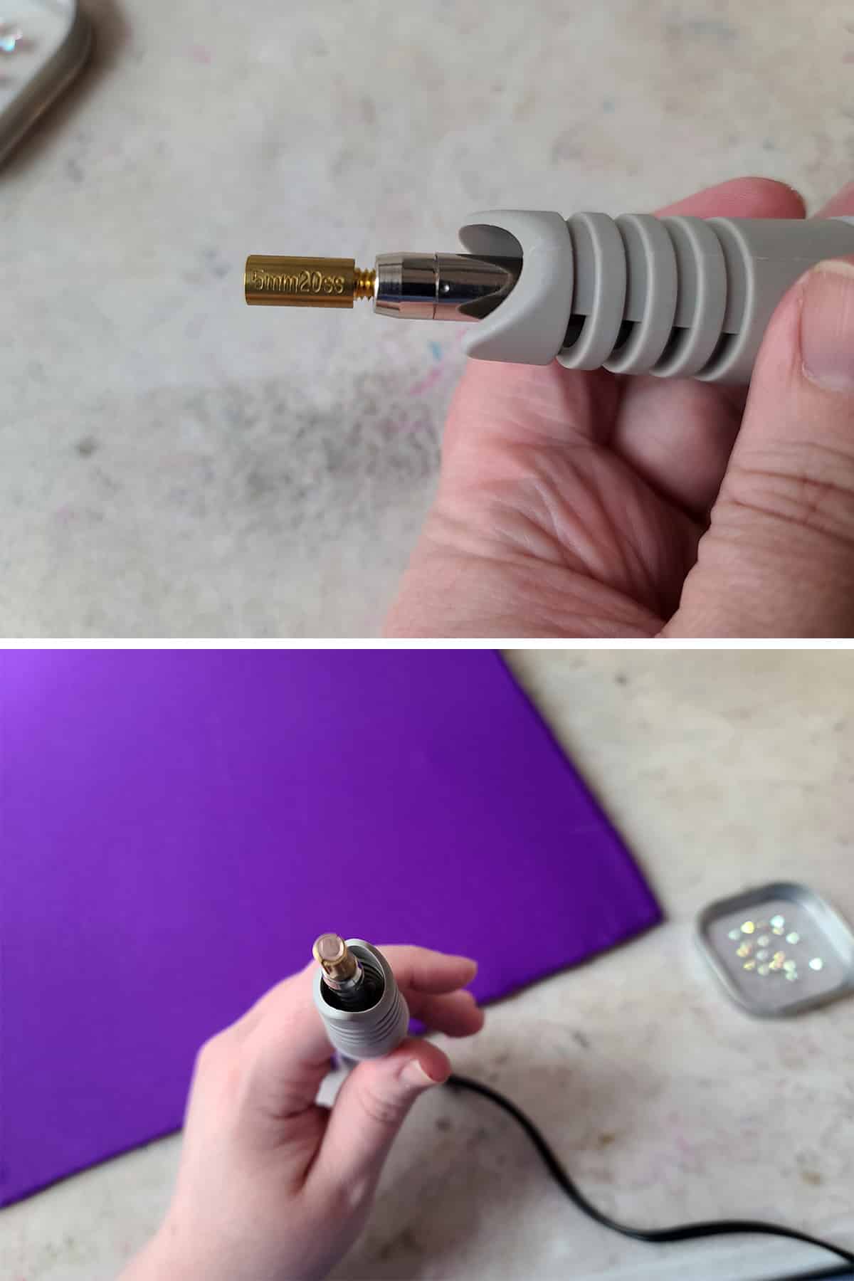 A two part compilation image showing the head of a rhinestone HotFix tool, and the tool being used with a rhinestone in it.