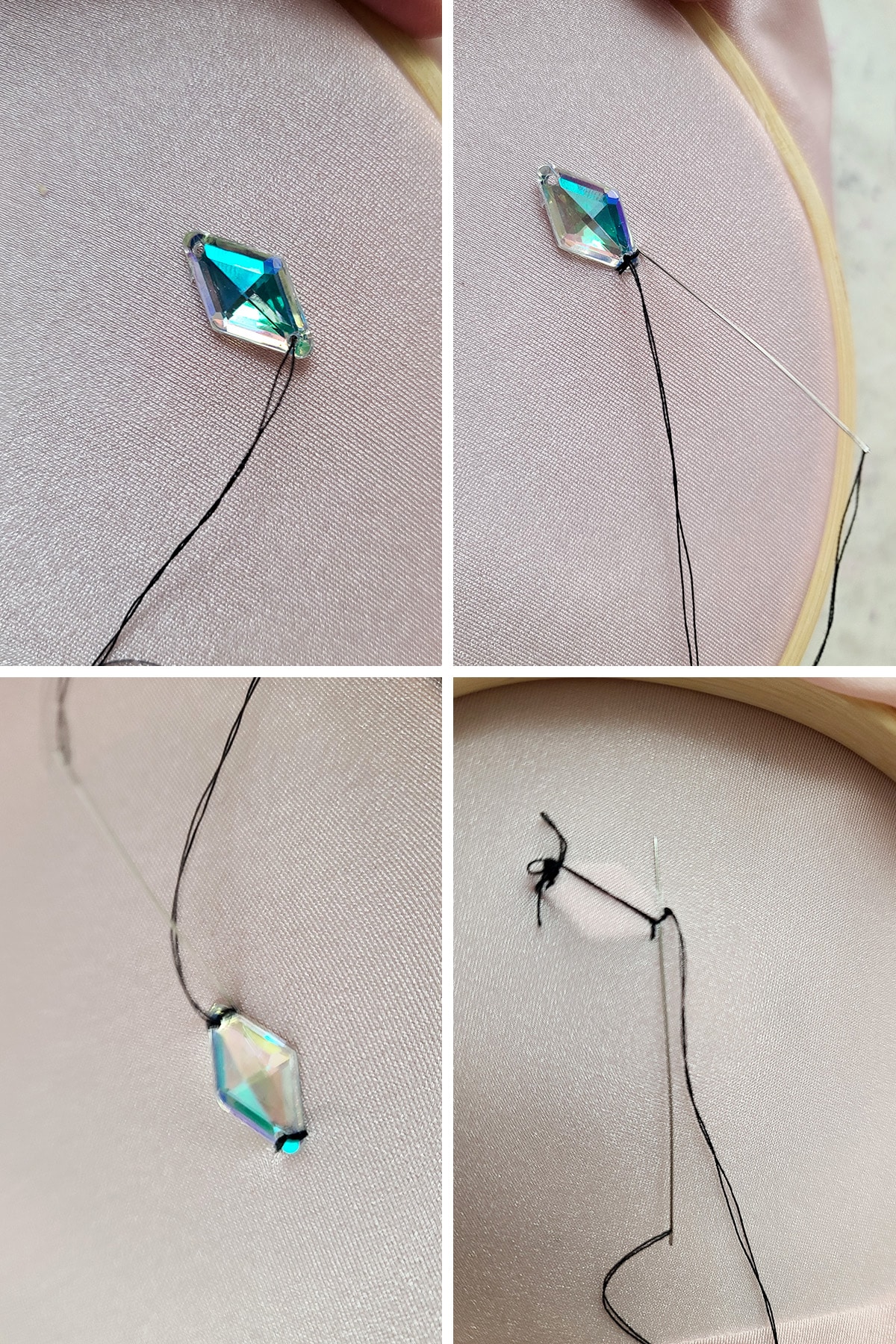 A 4 part compilation image showing black thread being used to sew a diamond shaped rhinestone to some light pink spandex.