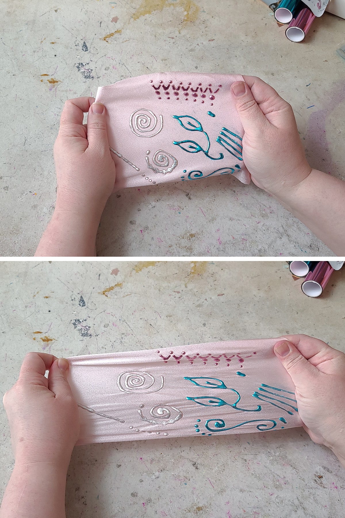 A two part image showing hands holding a piece of pale pink spandex with foil designs on it, first unstretched, then stretching it to its limit.