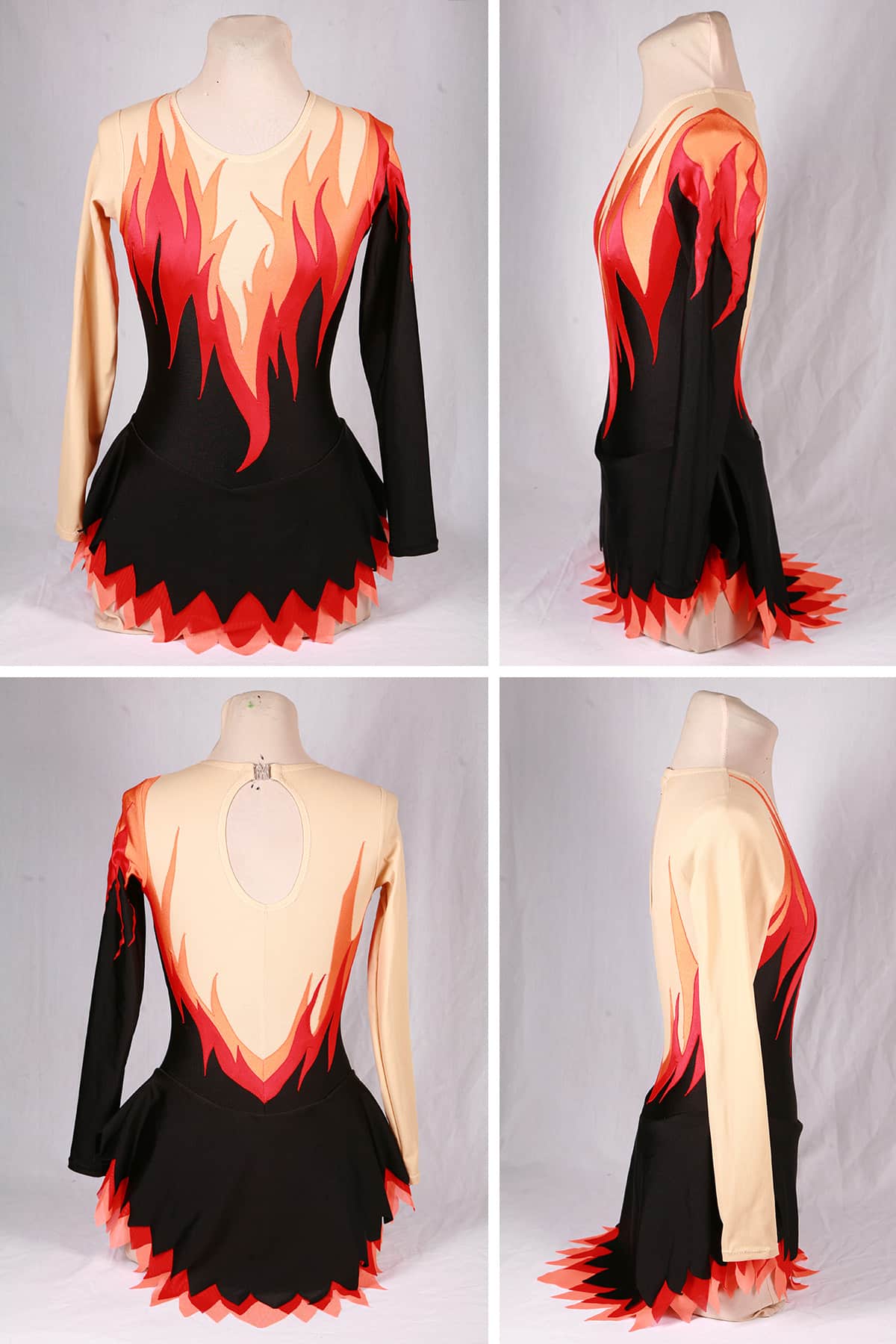 A 4 part compilation image showing front, back, and side views of the flames skating dress. The main body is black, one sleeve and the shoulders, upper chest, and one sleeve is beige, and a bright red and orange flames design separates the beige and black areas.