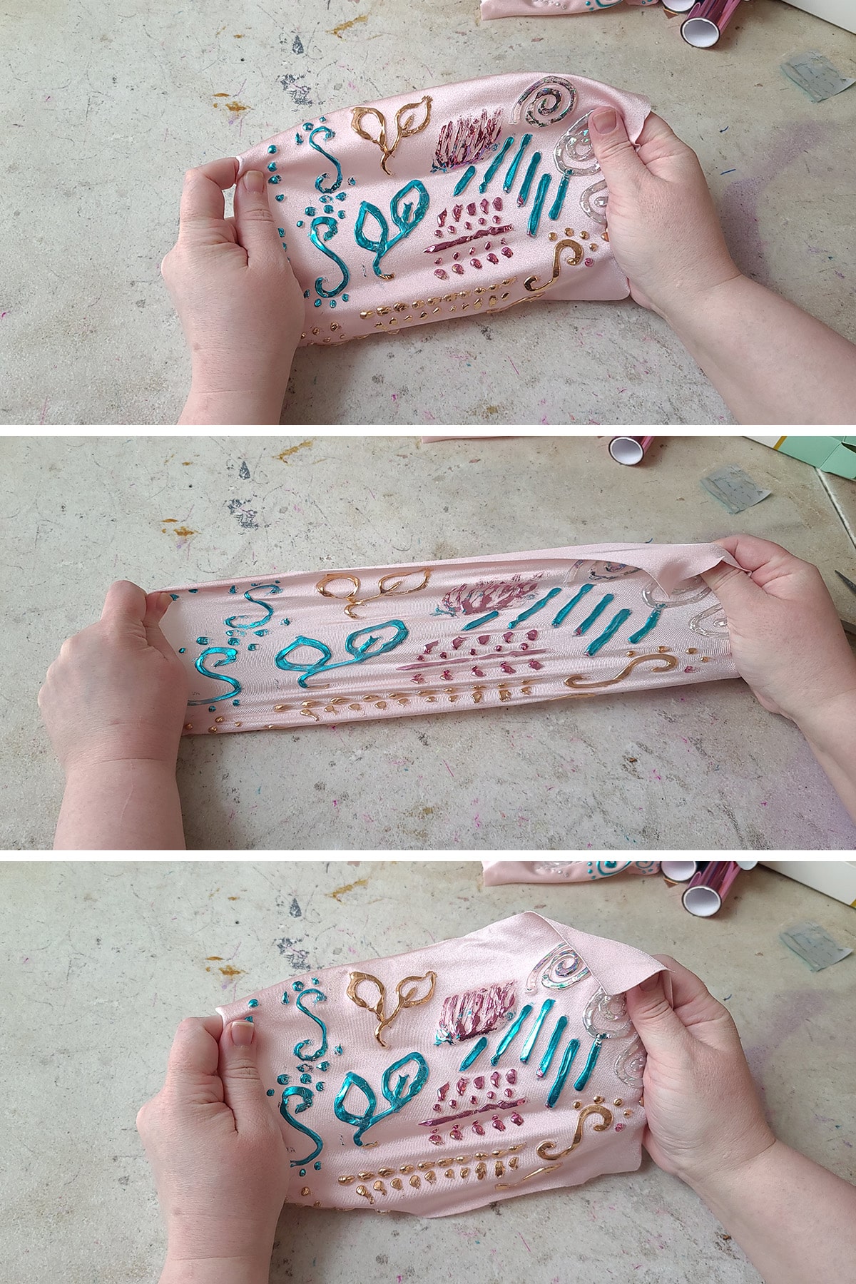 A three part image showing hands holding a piece of pale pink spandex with foil designs on it, first unstretched, then stretching it to its limit, then unstretched again.