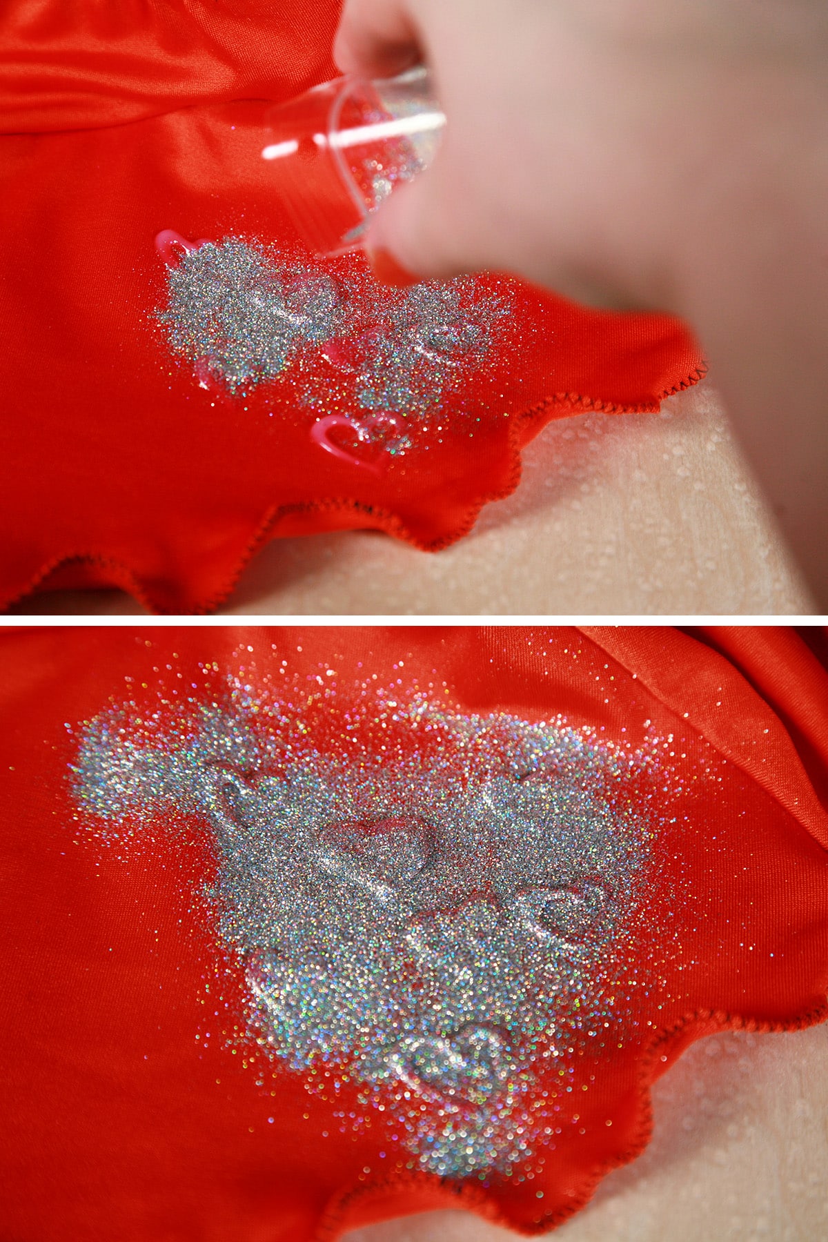 A two part image showing silver holographic glitter being applied to an orange skating skirt.