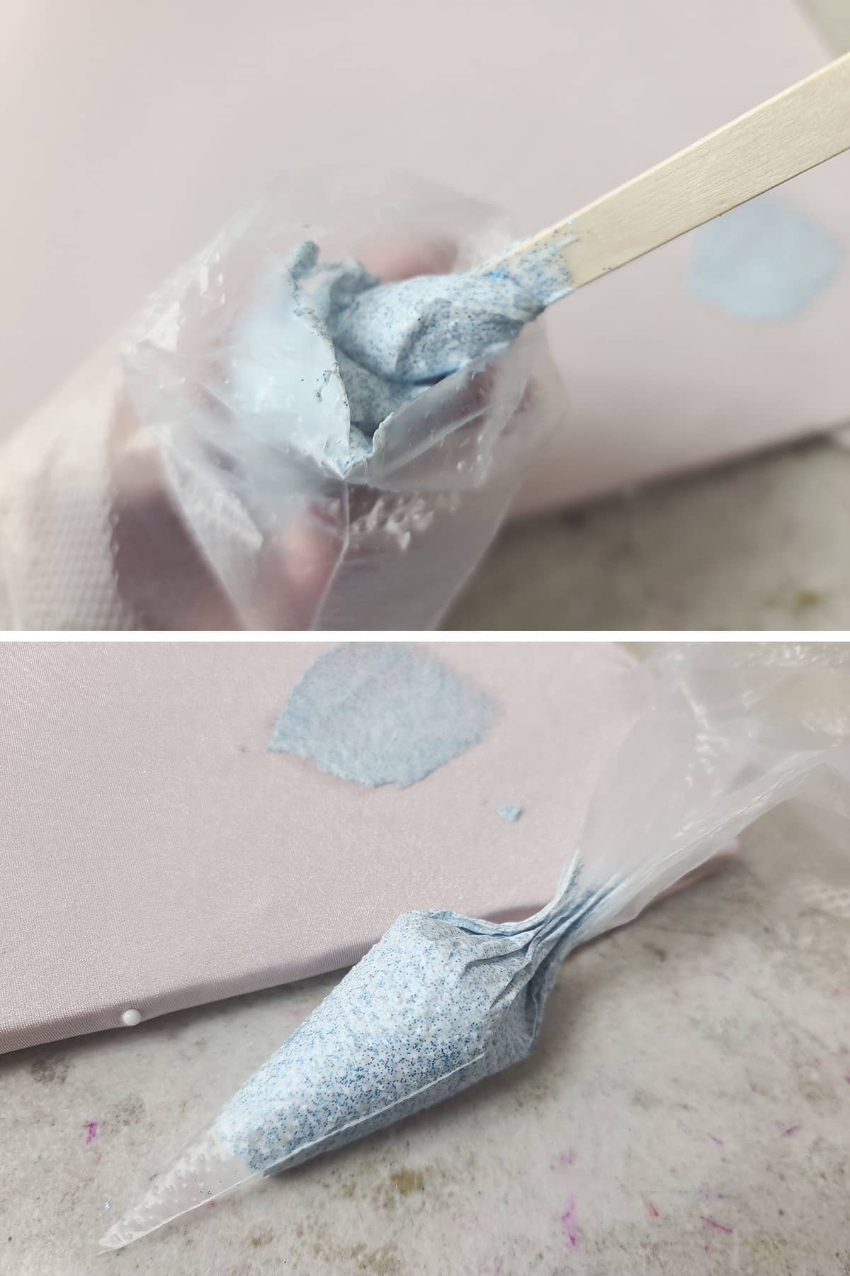 A two part compilation image showing blue glitter caulking being transferred to a clear plastic pastry bag.