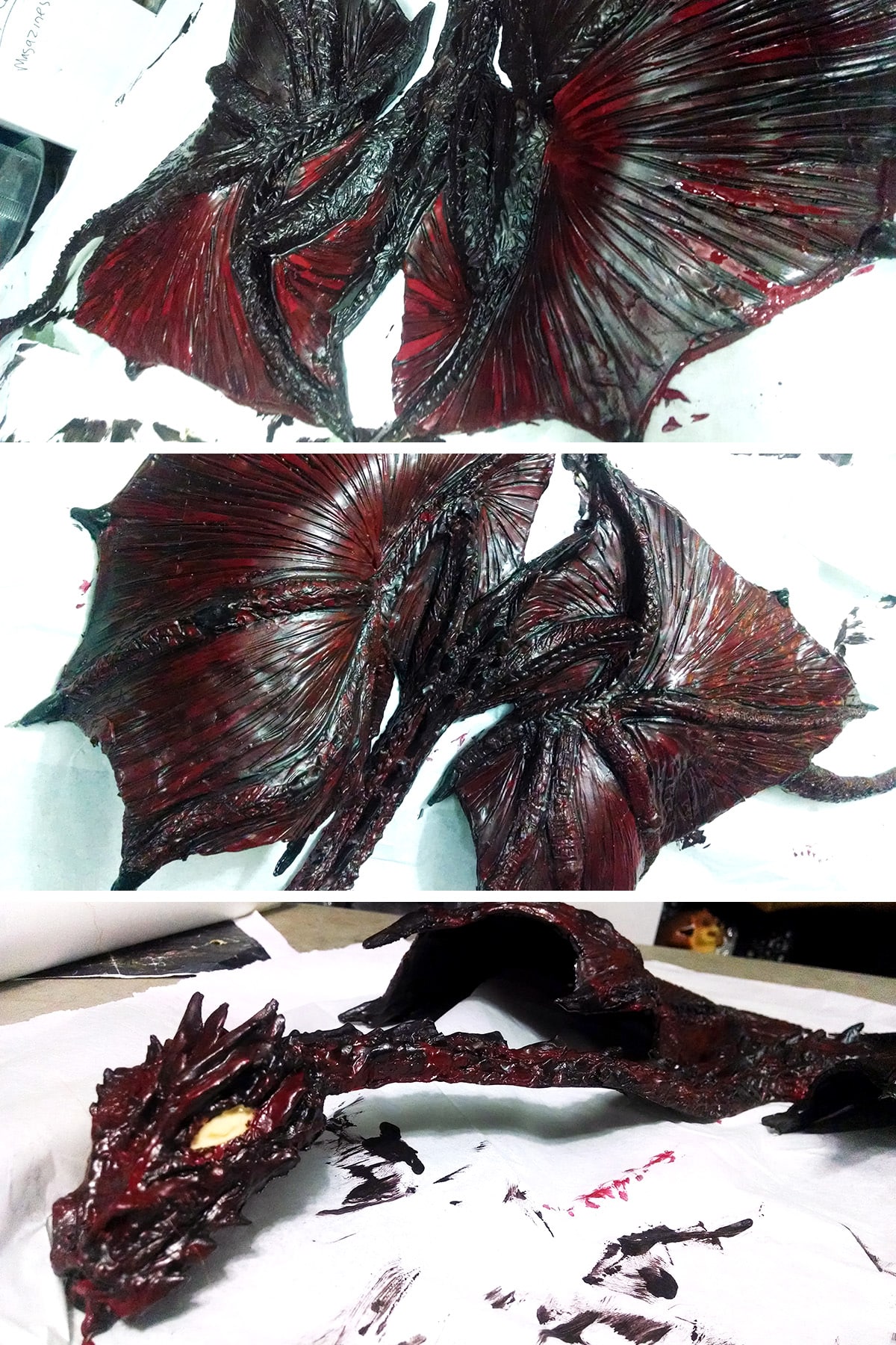 A 3 part compilation image showing different views of the molded latex dragon top, with a dark red paint having been added over most of it.