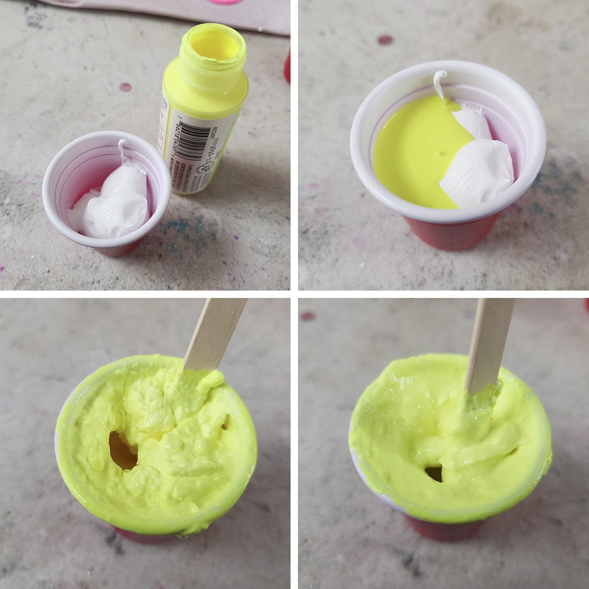 A 4 part compilation image showing neon yellow acrylic paint being mixed into white caulking.