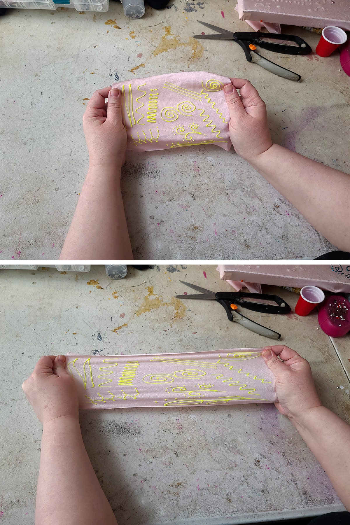 A two part compilation image showing two hands holding a piece of light pink spandex with neon yellow stretch paint swirls on it. The top image shows it relaxed, the second image shows the fabric being stretched to its limit.