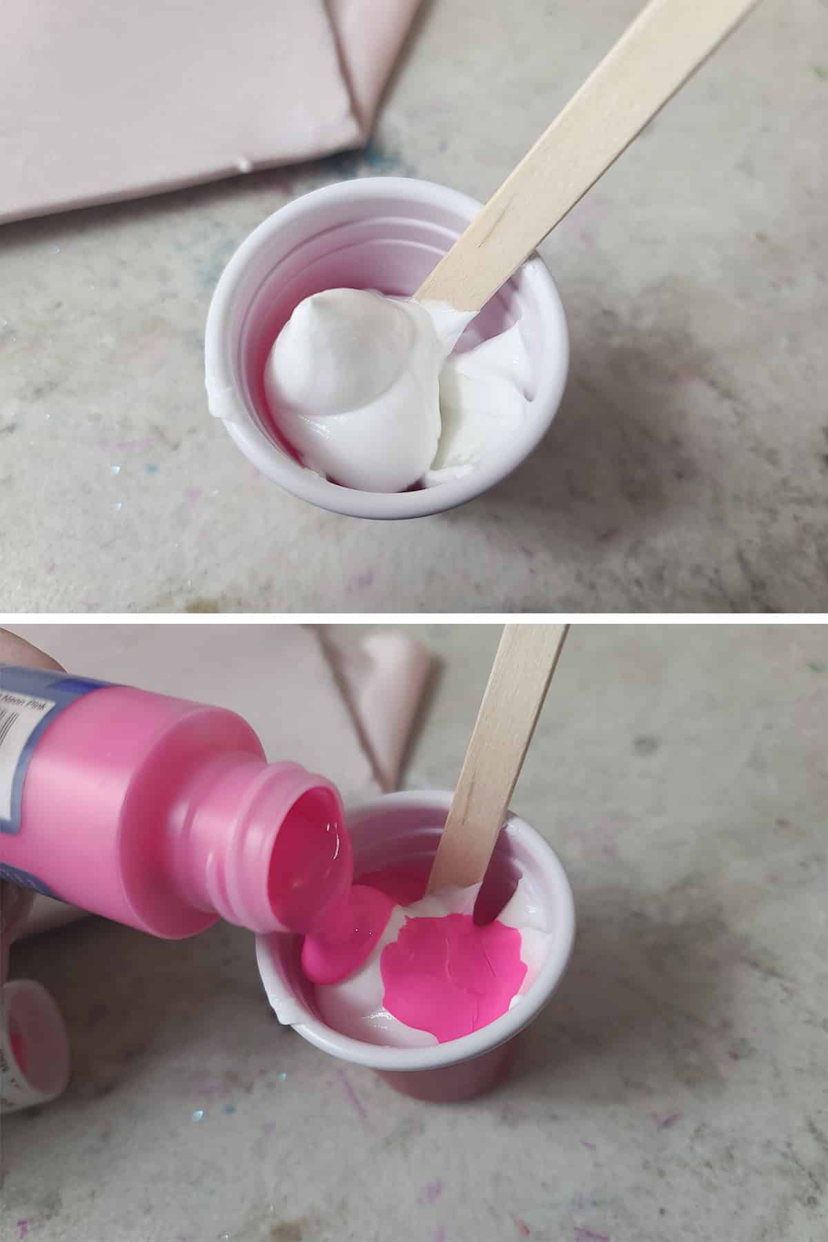 A two part compilation image showing neon pink acrylic paint being added to a small cup of caulking.