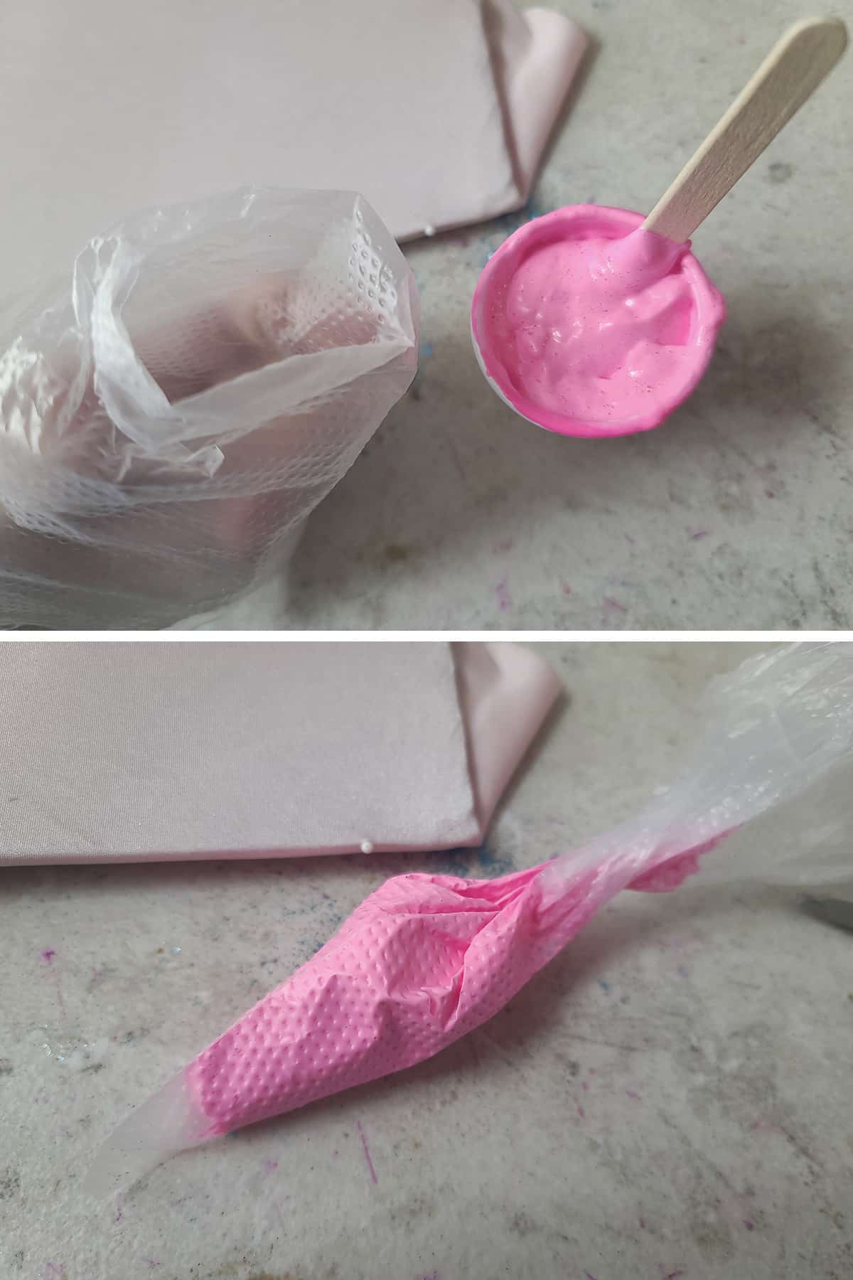 A two part compilation image showing neon pink stretch paint being transferred to a clear plastic pastry bag.
