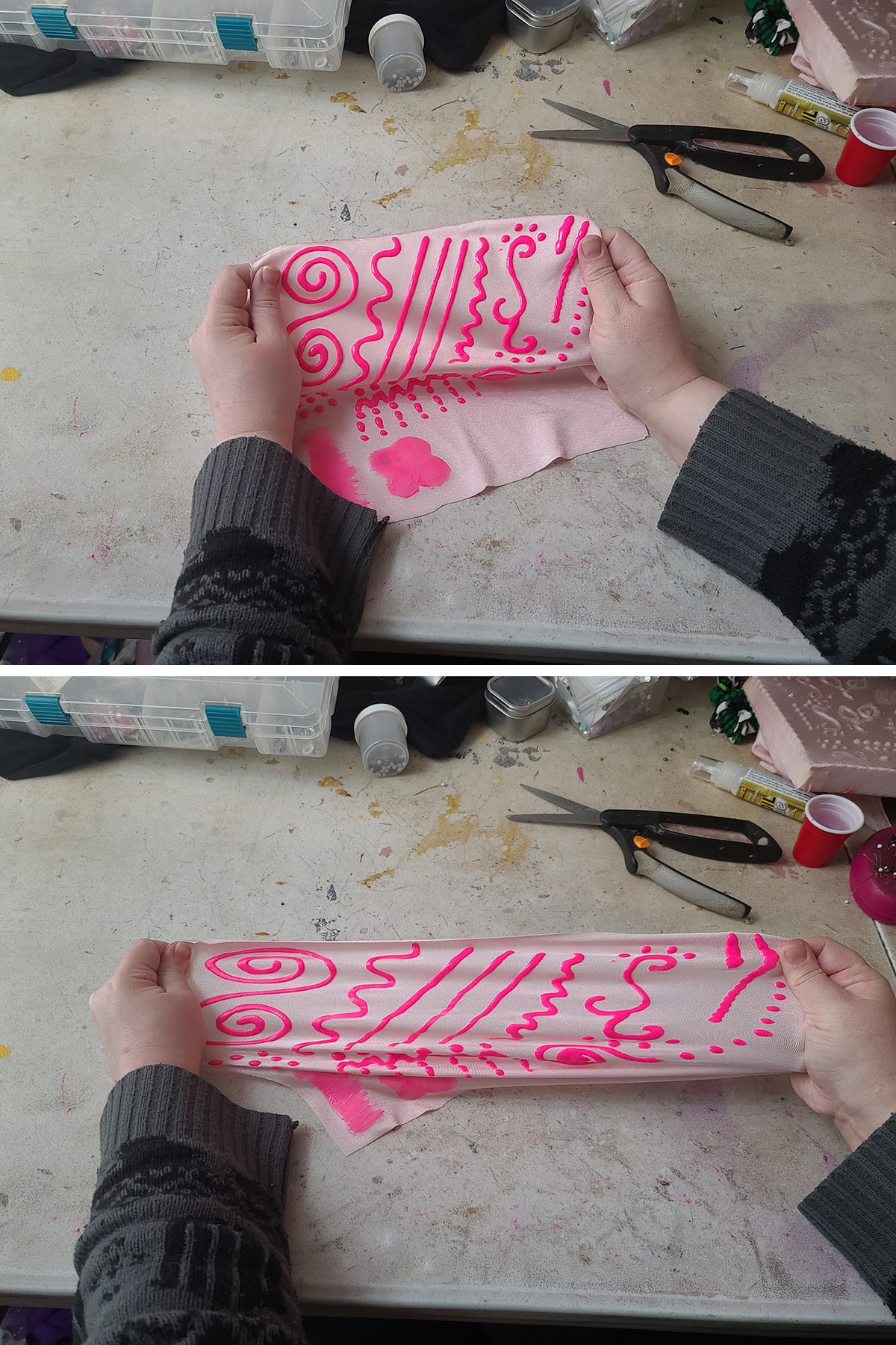 A two-part compilation image showing two hands holding a piece of light pink spandex with neon pink stretch paint swirls on it. The top image shows it relaxed, the second image shows the fabric being stretched to its limit.