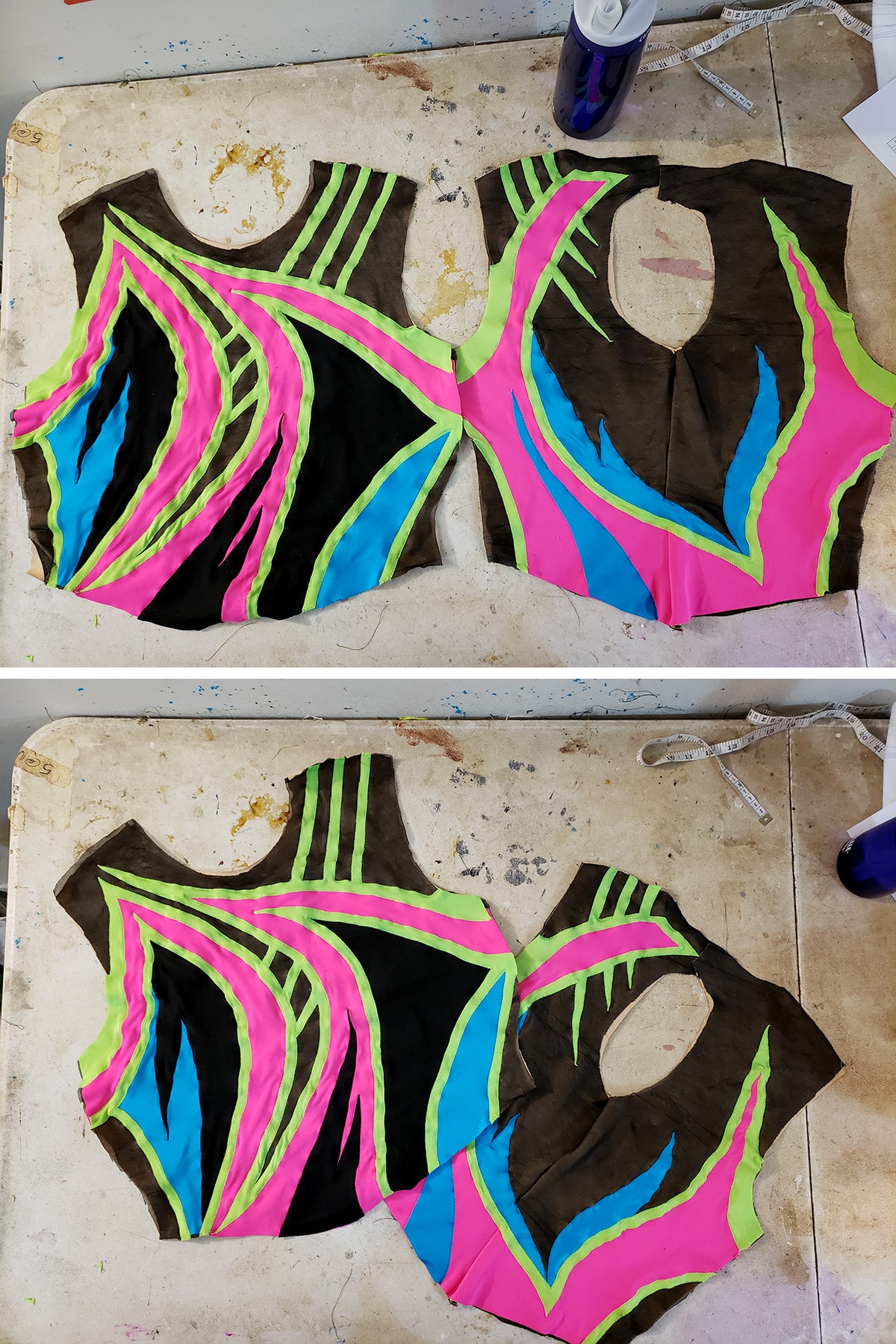 A two part compilation image showing the front and back bodice pieces of the 80's themed skating dress, side by side.