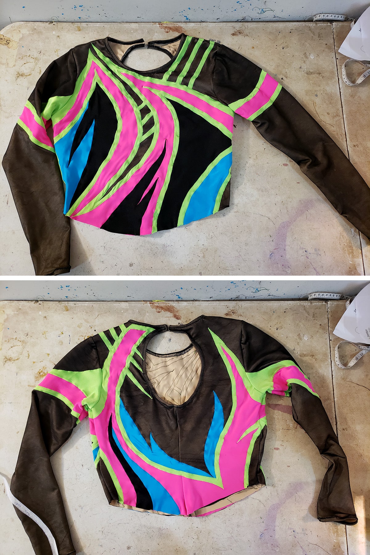 A two part compilation image showing the front and back views of this 80's figure skating dress bodice.