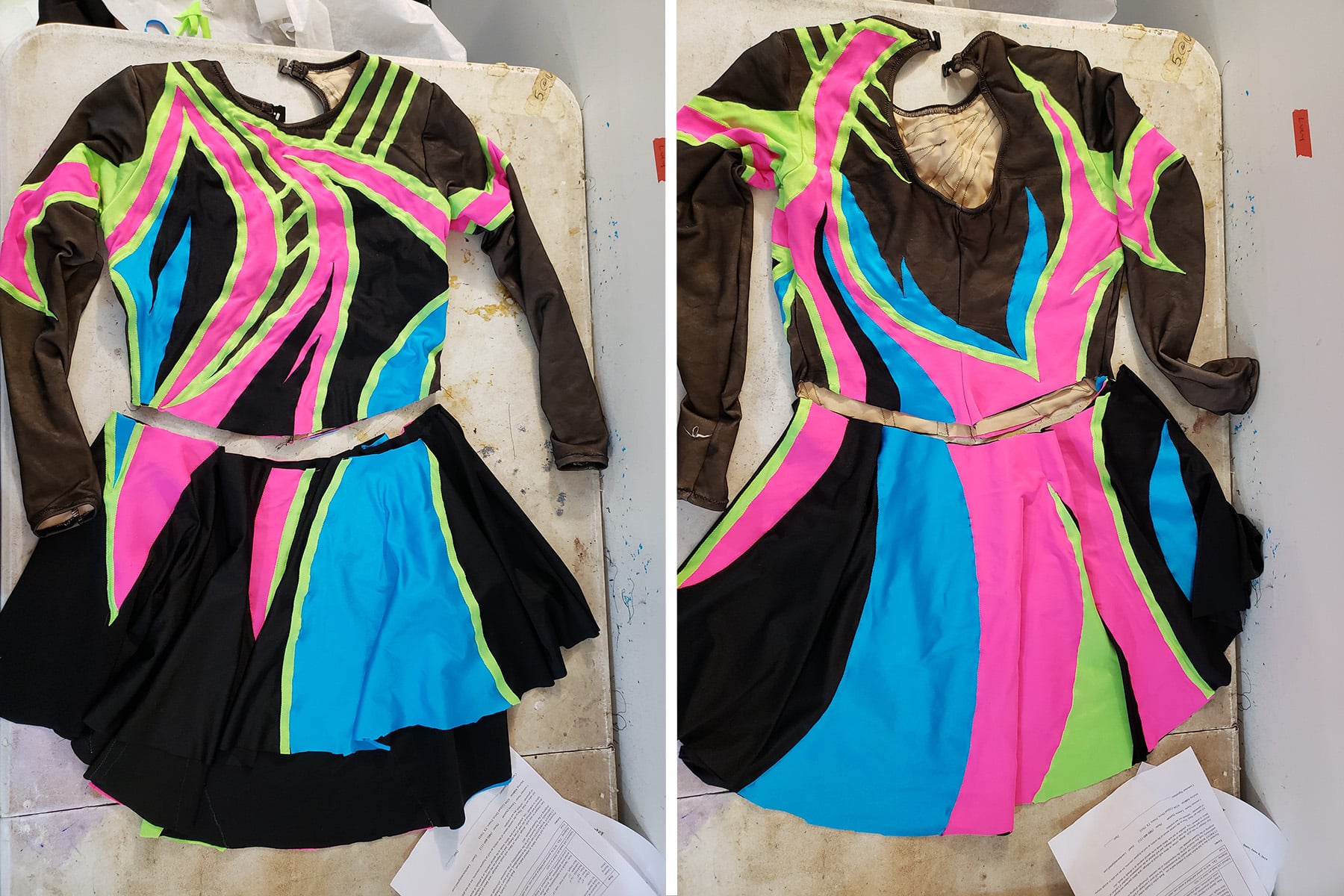 A side by side image showing the front and back view of the skating dress laid out. The bodice is separate from the skirt in this picture.