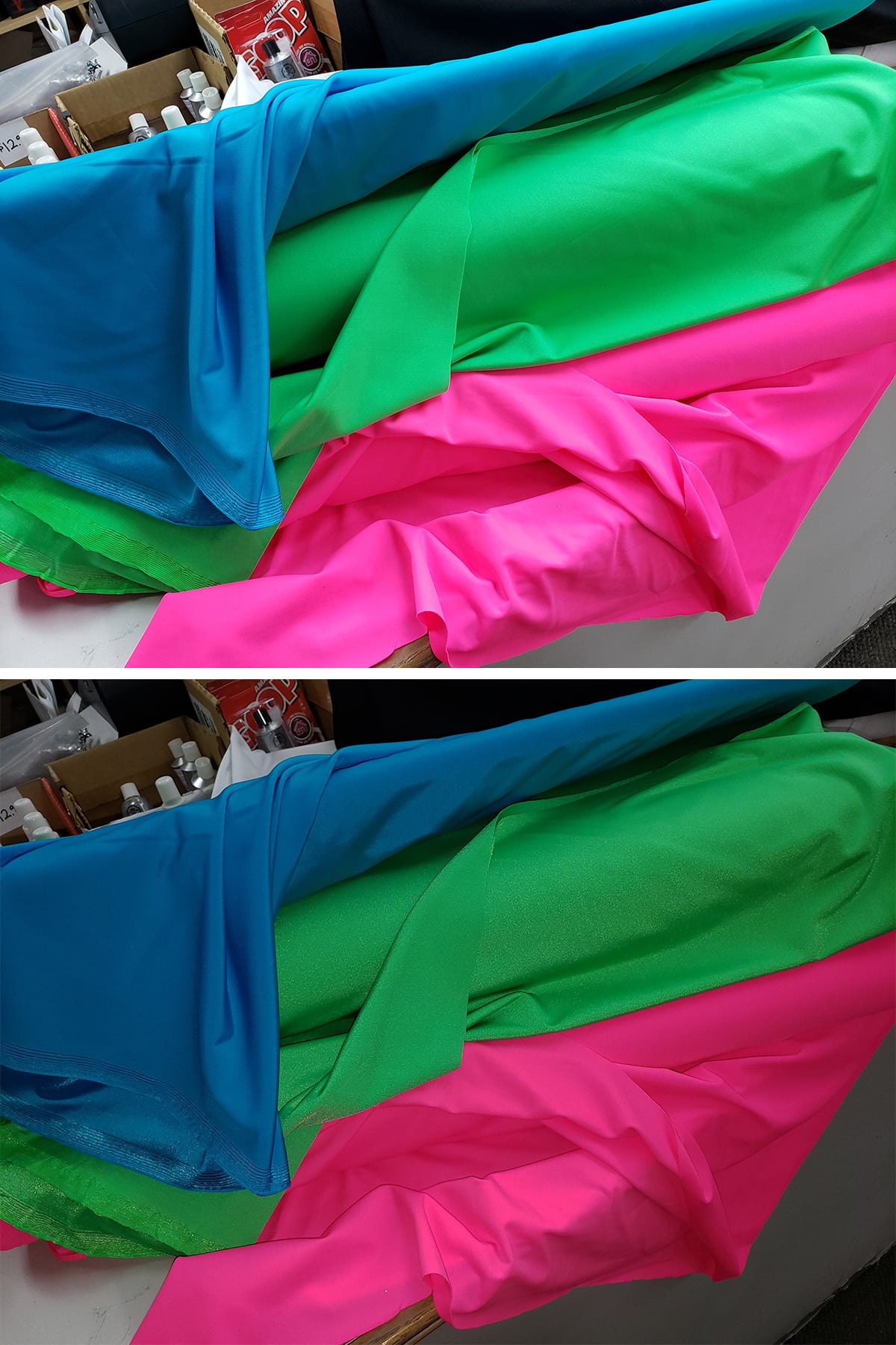 A two part comparison image showing a stack of bright blue, green, and hot pink fabrics, with and without the flash.