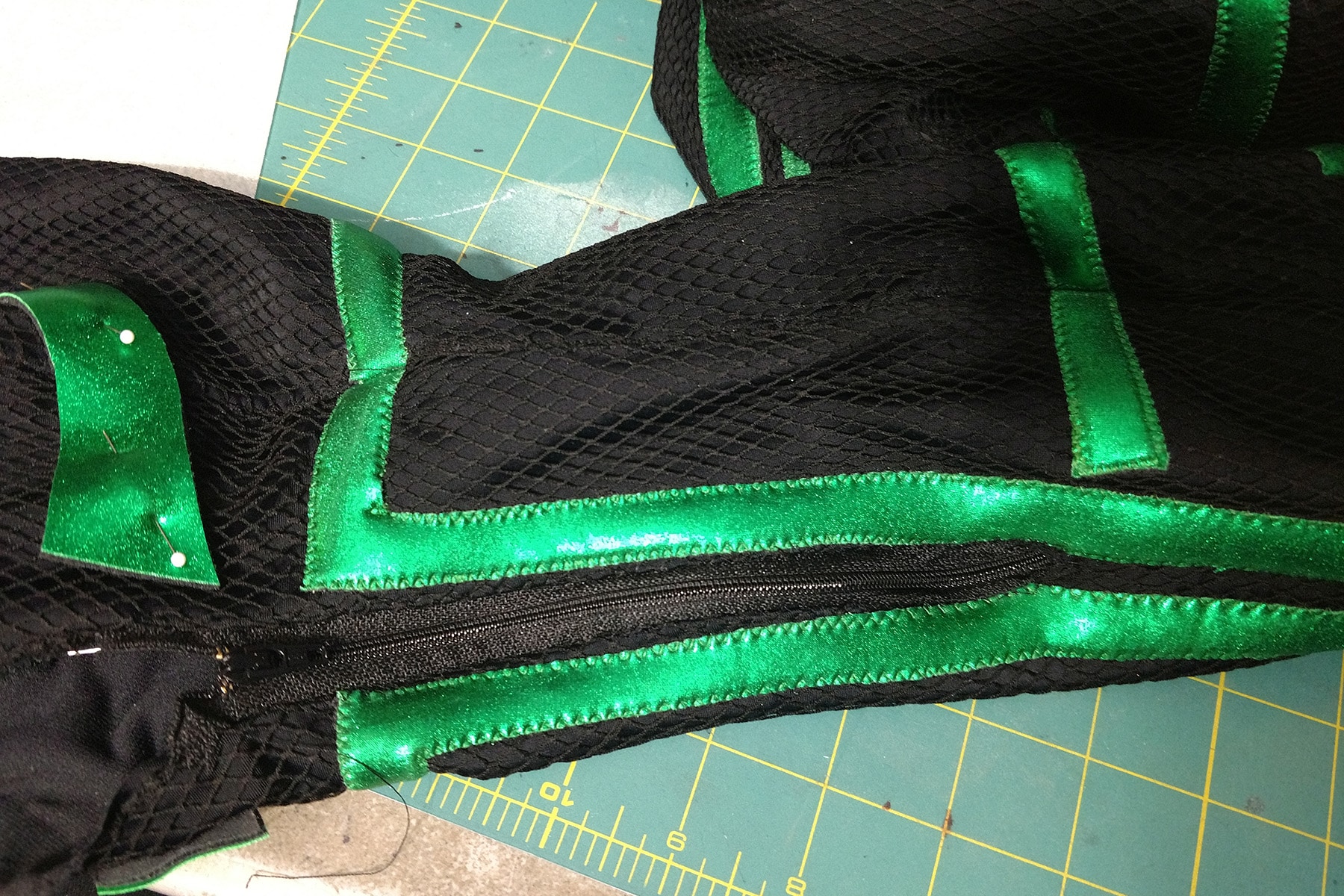 A close up view of the back of the ankles, where the zippers were sewn into this Hela cosplay.