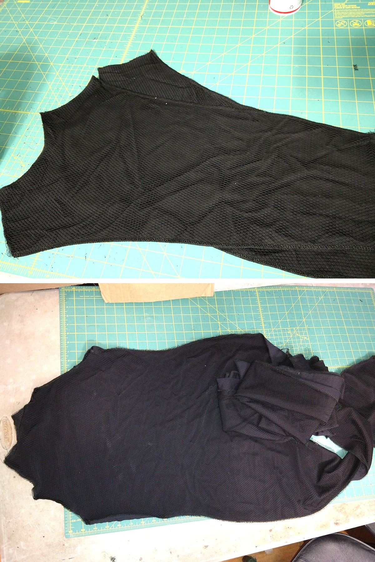 A two part compilation image showing two different pieces of the body suit, layered and stitched together as described in the post.