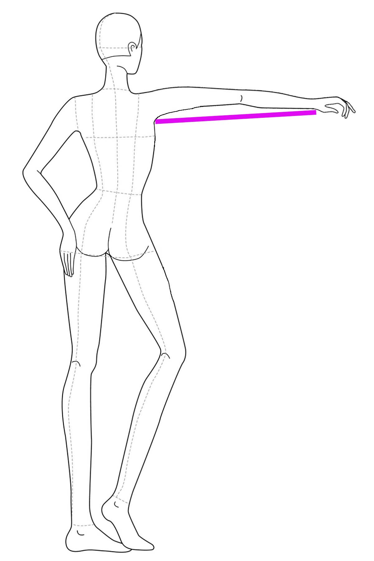 A drawing of a female body, back view with one arm extended. A bright pink line has been drawn on it to indicate under arm measurement.