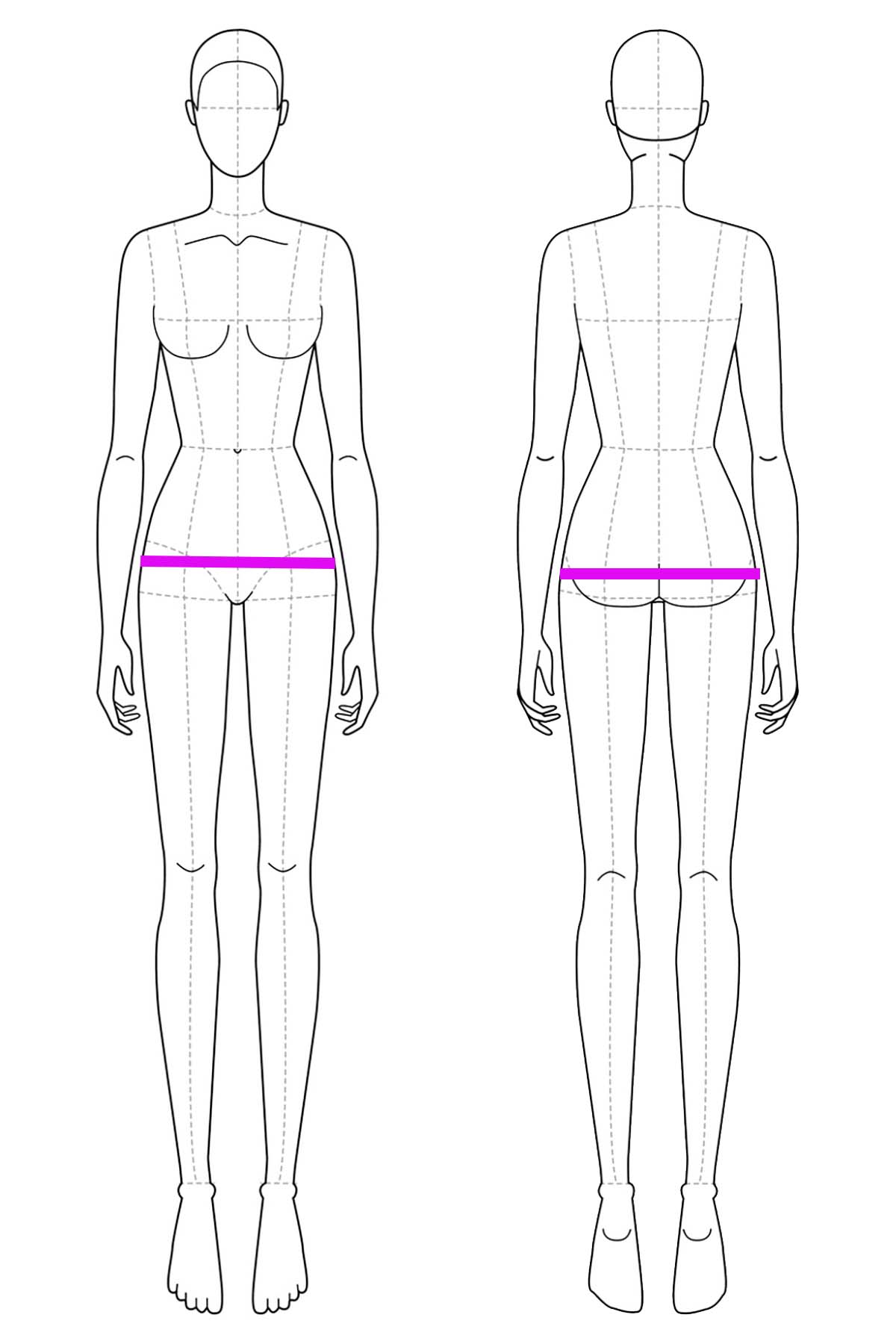 A set of line drawings of a female body, front and back views. Bright pink lines are drawn across it to indicate hip measurement placement.