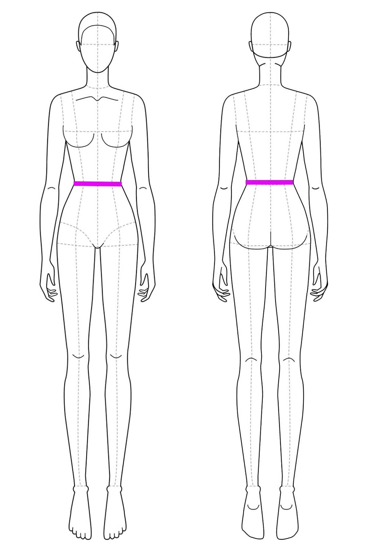 A set of line drawings of a female body, front and back views. Bright pink lines are drawn across it to indicate waistline placement.